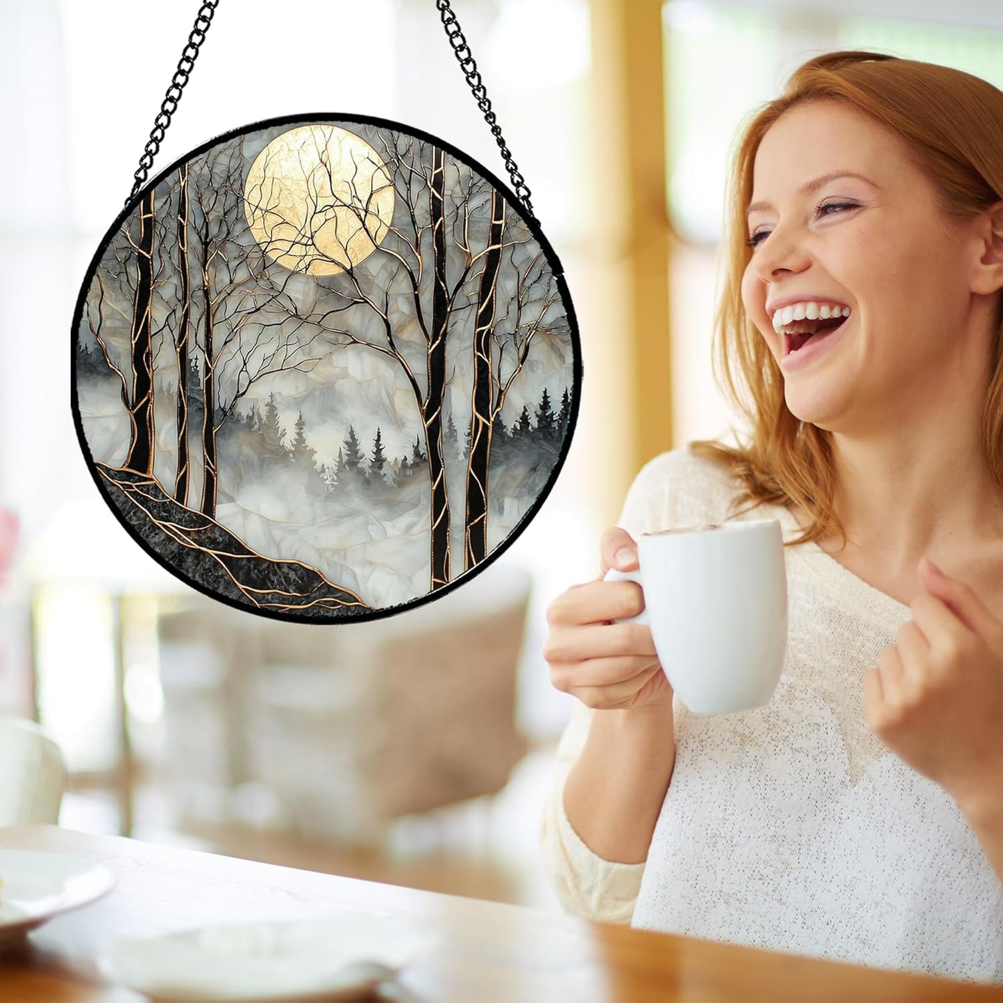 Stained Glass Window Hanging - Black and White Gold Moon Forest Sun Catcher for Door Home Decor Suncatcher Christmas Mother's Day Birthday Gifts for Women Men Lovers Mom Nana 7.8 in