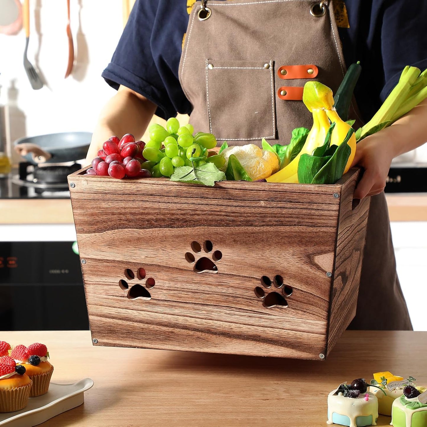 3 Pack Rustic Wooden Crates Hollow Claw Wooden Storage Boxes with Handles Dog Toy Box Large Handmade Farmhouse Decorative Wood Crate for Display