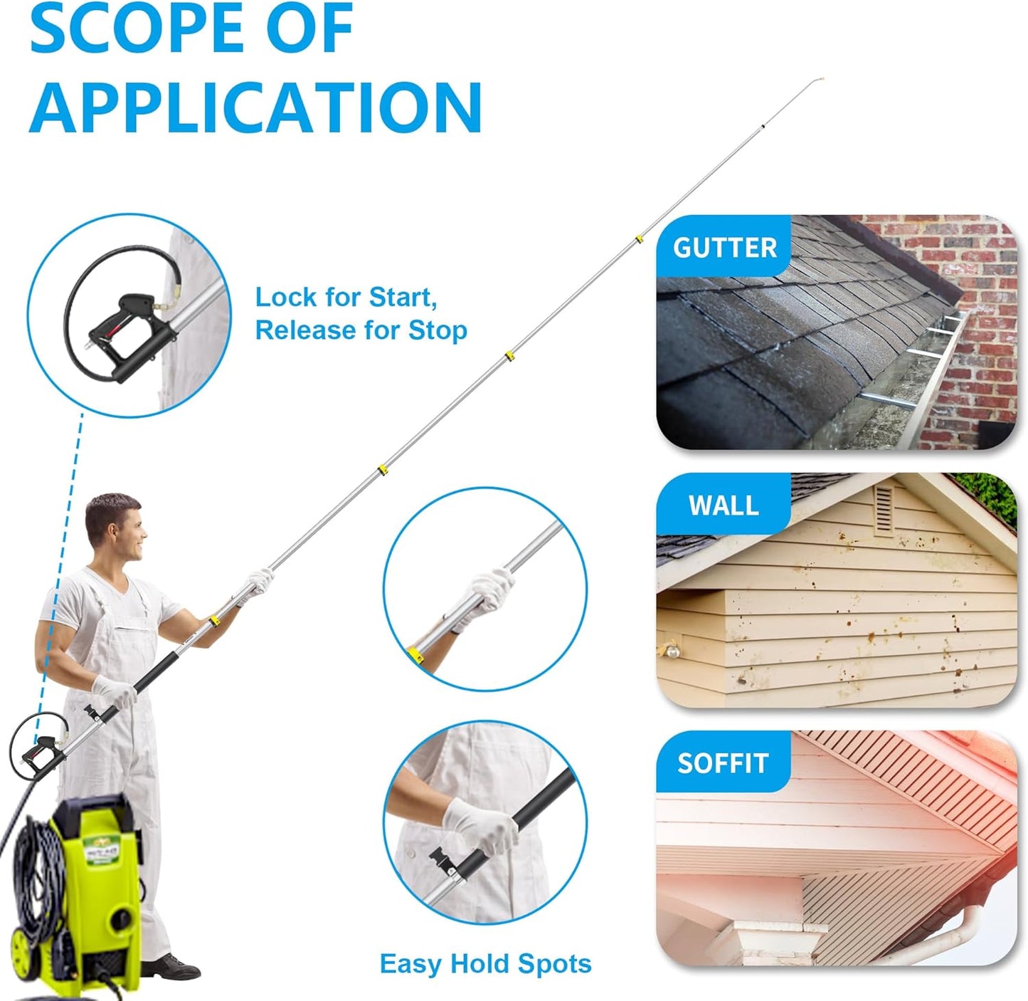 24FT Telescoping Pressure Washer Extension Wand, Aluminum Power Washer Extension Wand, Solar Panel Cleaner Pole with Brush Head, 7 Nozzle Tips, 3 Adapters, Support Belt