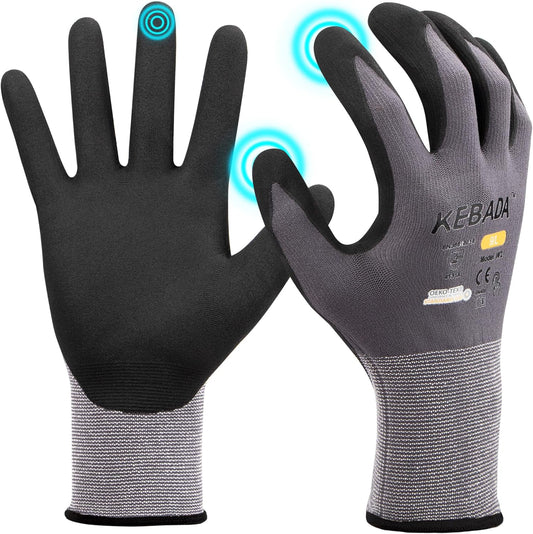 Kebada W2 Safety Work Gloves, Micro-Foam Nitrile Coated Gloves, Touchscreen,Ideal for Package Handling, Gardening, Construction, 1 Pair Small