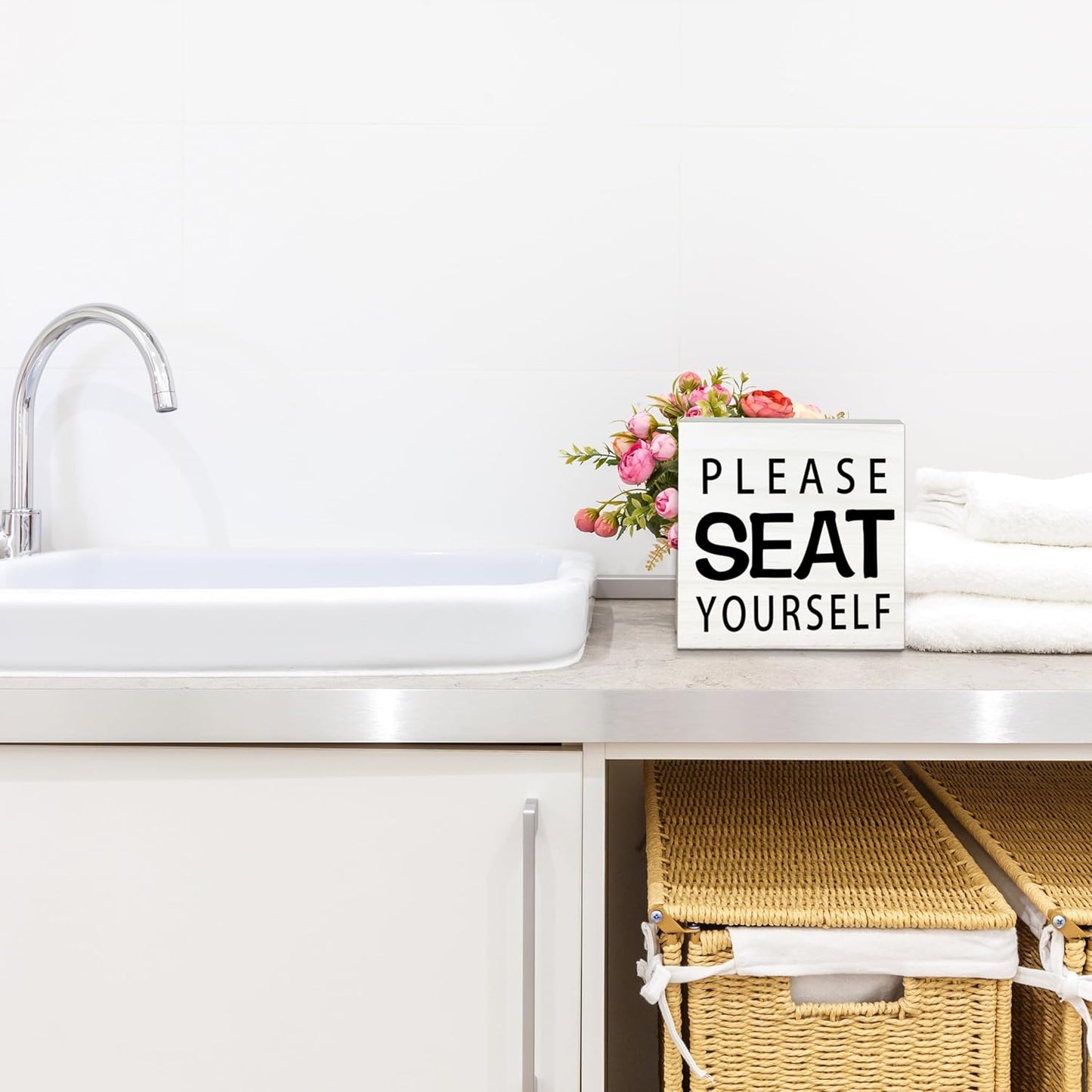 Please Seat Yourself Wooden Sign - Funny White Block Plaque Desk Decoration-5x5 inches Rustic Wood Block Gifts For Friends Family Coworkers-Restroom Bathroom Toilet Tabletop Favors & Supplies-A07