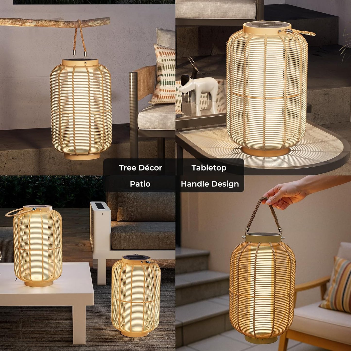 Solar Yard 2-Pack Outdoor Solar Lantern Lamp, Water-Resistant Boho Lights for Outside Hanging Lantern Table Lights Decoration for Garden, Patio, Porch, Trees, Pathway, Black and Natural