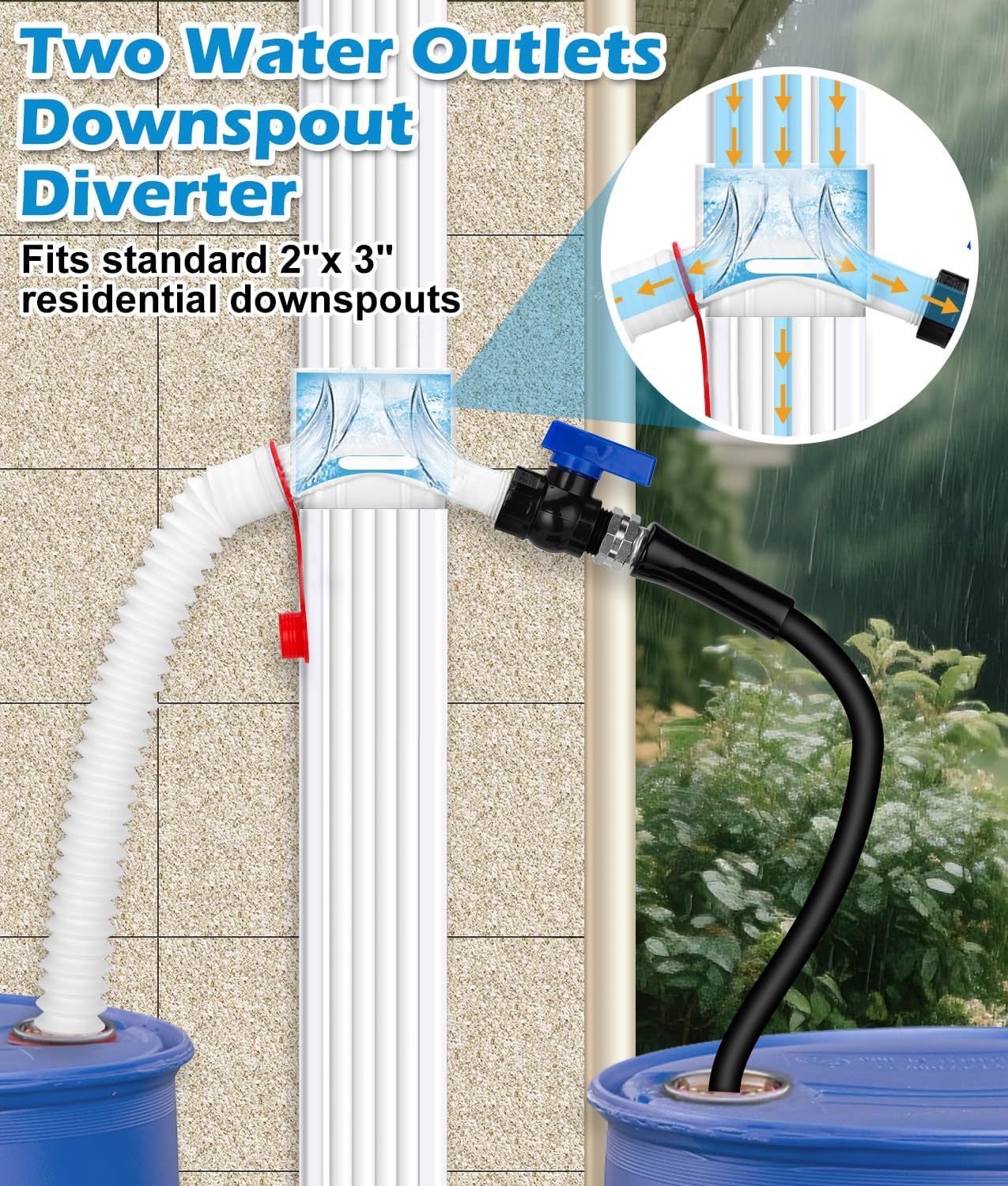 Downspout Diverter, WADEO Rain Barrel Diverter Fits for 2"x 3" Standard Downspout, Rainwater Collection System with Two Water Outlets to Collect Rainwater from Gutter, with 5FT Hose