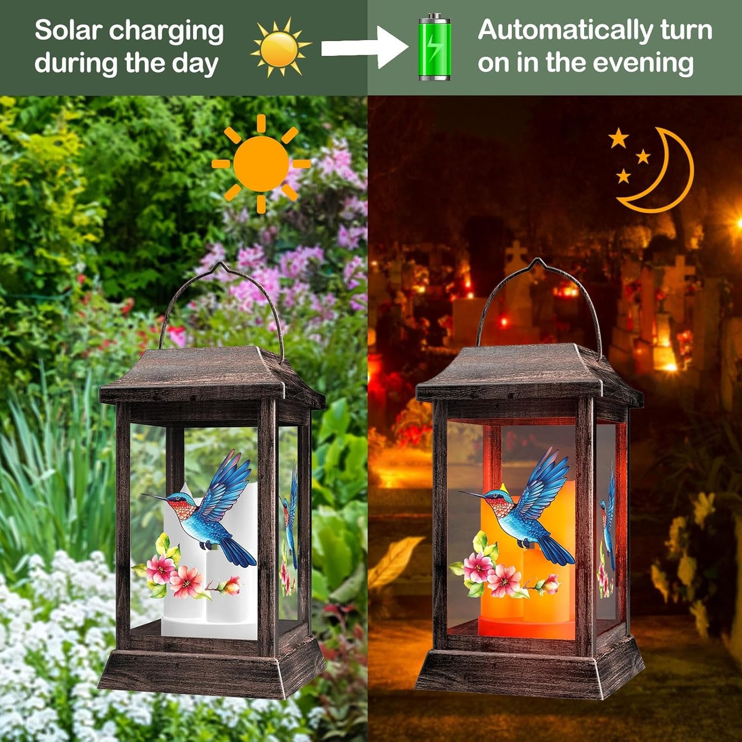 Hummingbird Solar Lanterns Outdoor, Metal Glass Hanging Solar Lights, Gardening Gifts for Mom Women Mother's Day, Waterproof Garden Decor Decorative Lights for Outside Yard Porch Patio Decorations