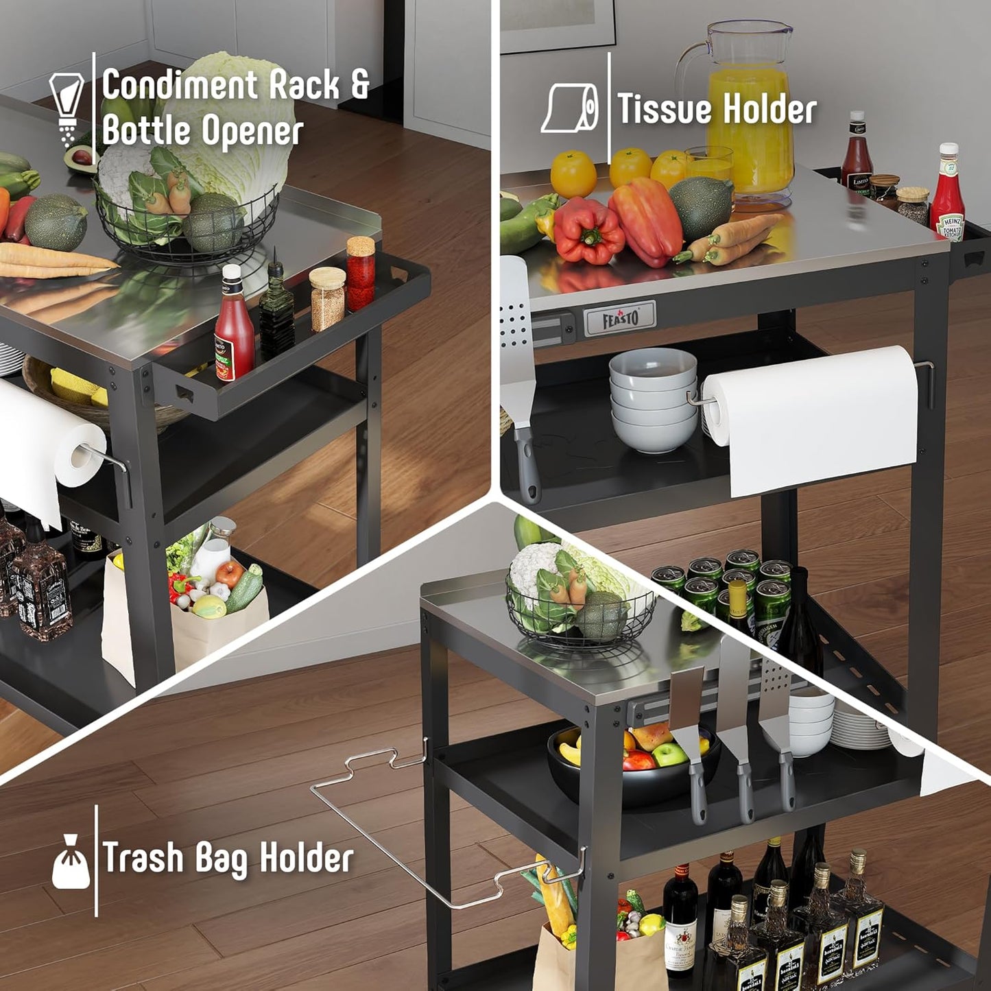 31.5"x18" Outdoor Grill Cart with Stainless Steel Tabletop, Movable Grill Table with Seasoning Rack & Magnetic Tools Holder, Backyard BBQ Kitchen Food Prep Table for Portable Grill & Pizza Oven