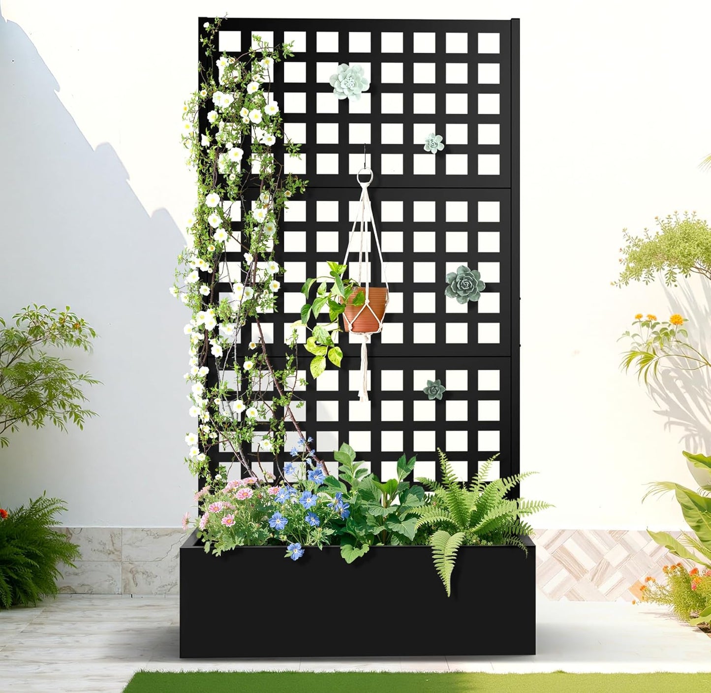 FENCY Metal Raised Garden Bed with Trellis, Metal Planter Box with Trellis, Garden Box for Climbing Plants Vegetable, 35''Lx16''Wx71''H Garden Bed with Drainage Holes(Black)