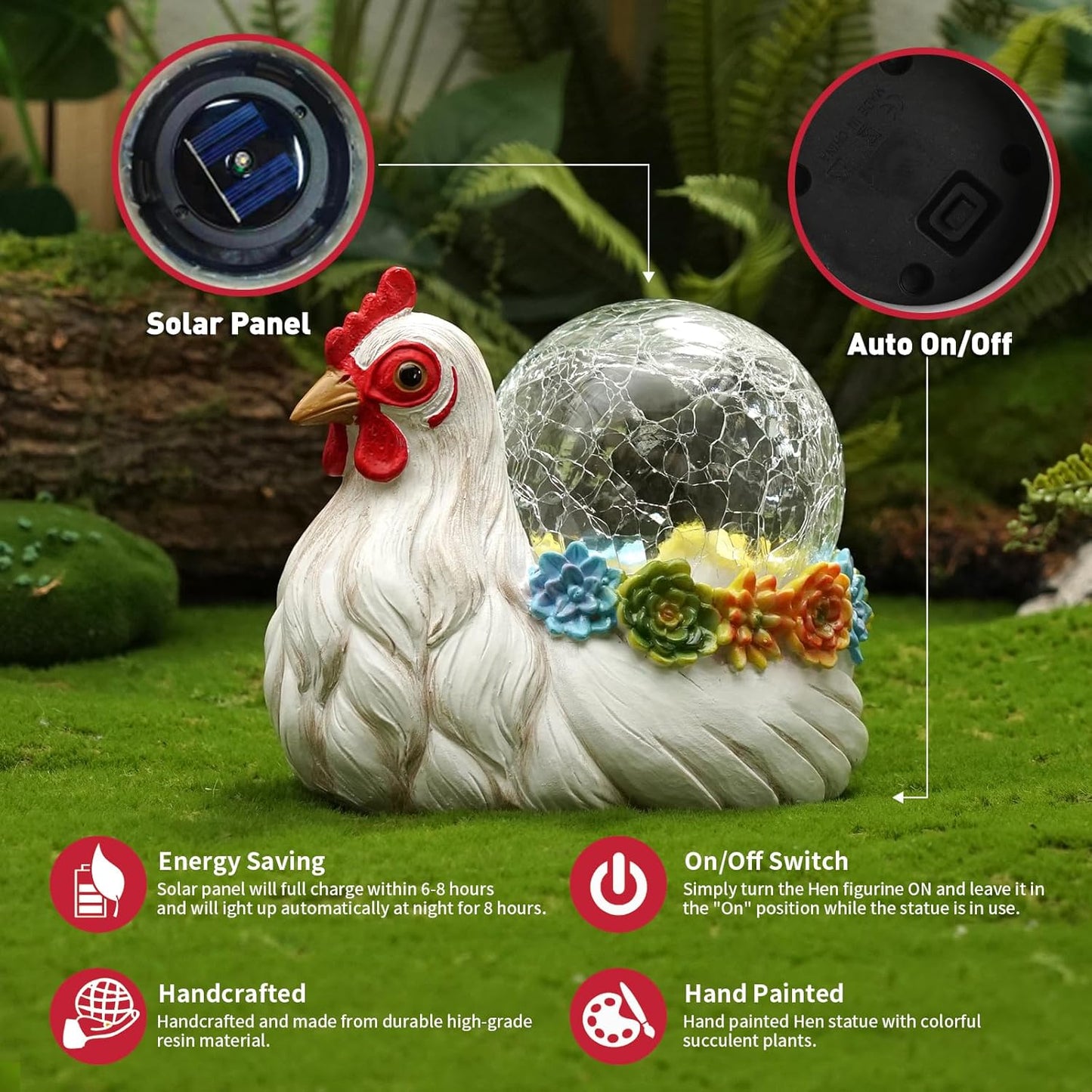 Solar Chicken Garden Statue Lights for Outdoor Decor with Cracked Glass LED Rooster Figurine Lighting Resin Succulent Hen Decorations for Patio Lawn Yard Home Housewarming Mom Wowen Gifts