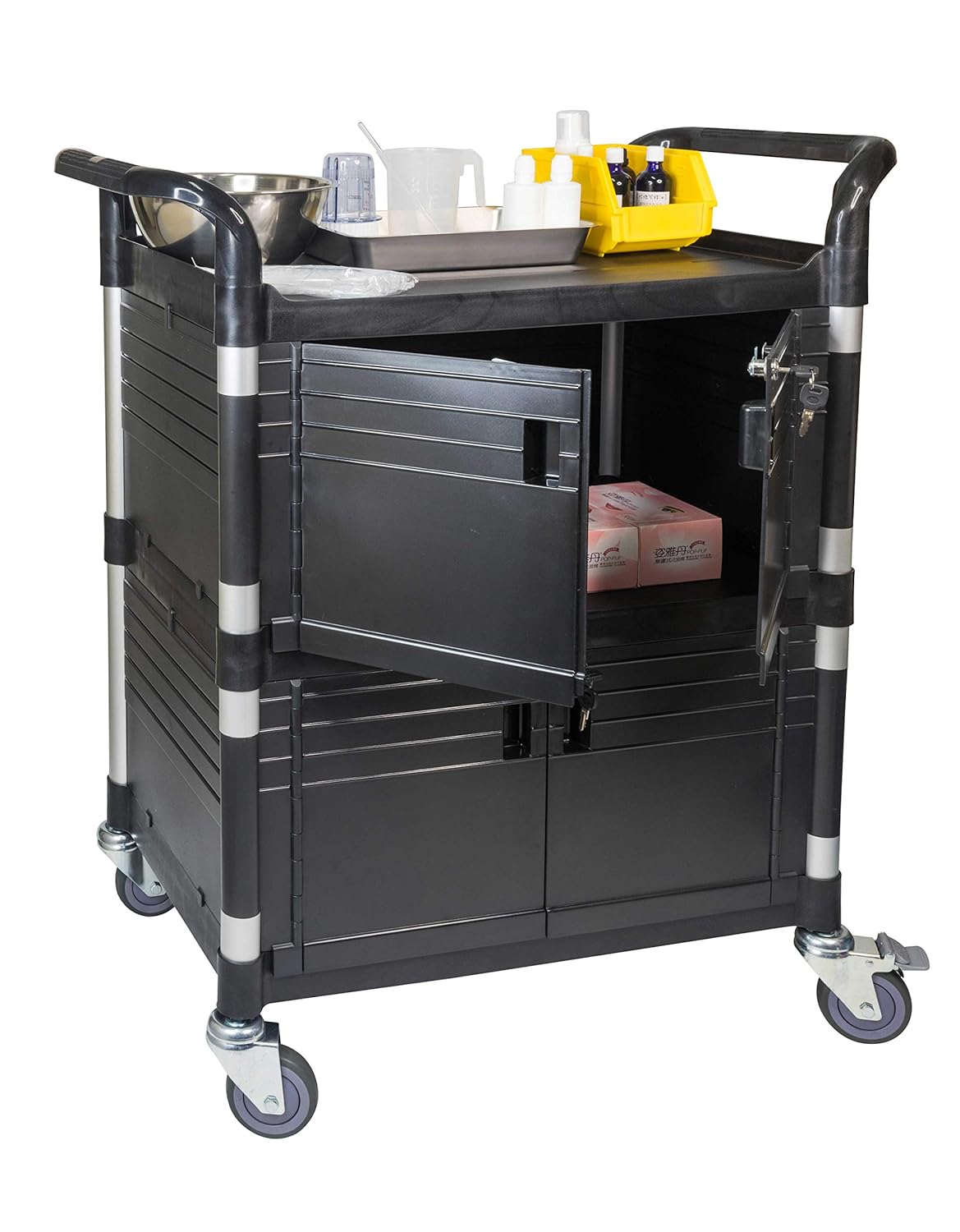 JaboEquip Double Lockable Door Medical Cart [ JaboEquip ] Cabinet Utility Cart with 2 Lockable Doors for Hospitality School Lab cart Service Cart, L34.43xD19.69 inch JABO cart, Black