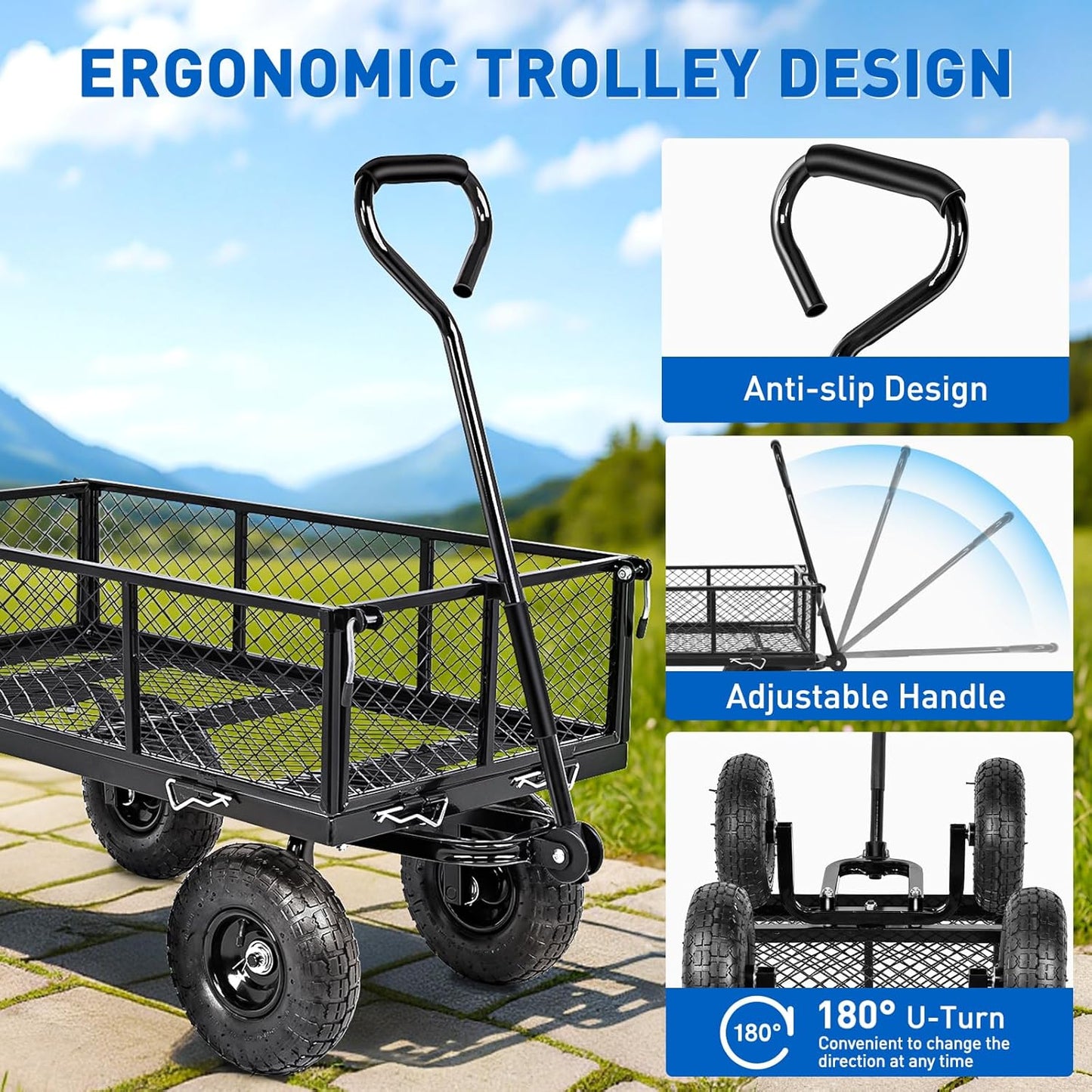 Yesker Steel Garden Carts - 800lbs Dump Wagon with All Terrain Inflatable Wheels for Yard Lawn Farms Gardening - Heavy Duty Utility Outdoor Hauling Wheelbarrow