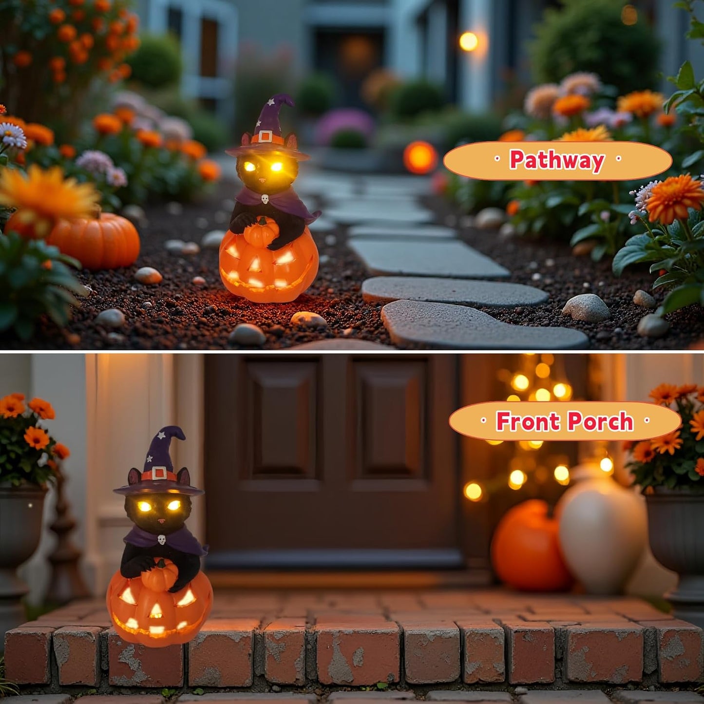 Halloween Decorations Solar Spooky Lights Outdoor Black Cat Pumpkin Figurine Light Garden Statue Decor for Outside Patio Front Porch Yard, Home Decor Gifts for Halloween, Christmas