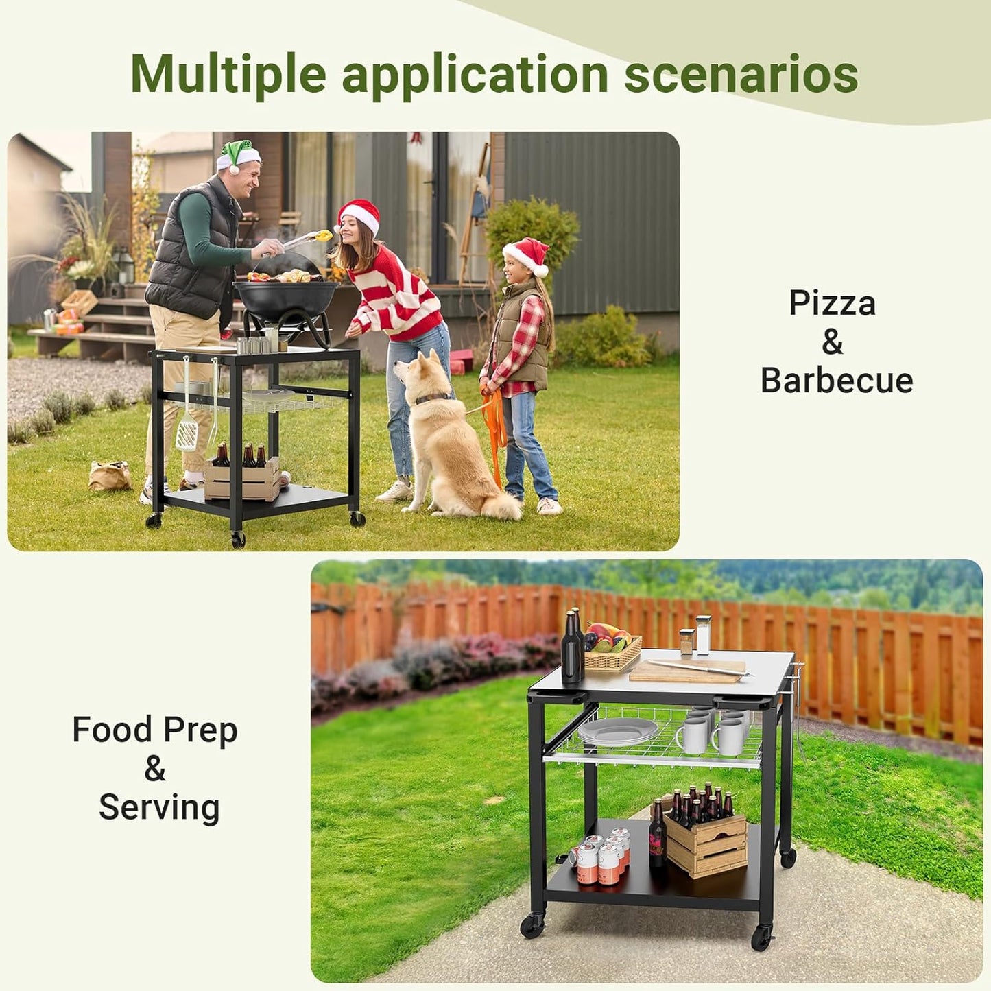 NUUK Outdoor Grill Cart 30"x 24" Pizza Oven Table 3-Shelf with Stainless Steel Top and Sliding Drawer BBQ Grilling Carts Outside Serving Prep Tables Stand