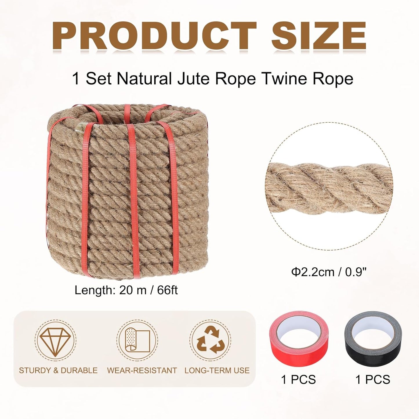 MECCANIXITY Jute Rope 0.9 Inch x 66ft, Thick Twine Rope Ropes Braided Jute Twine Natural Brown Burlap Cord String Heavy Twisted with Tapes for Decorative Crafts Railing Swing Tug of War