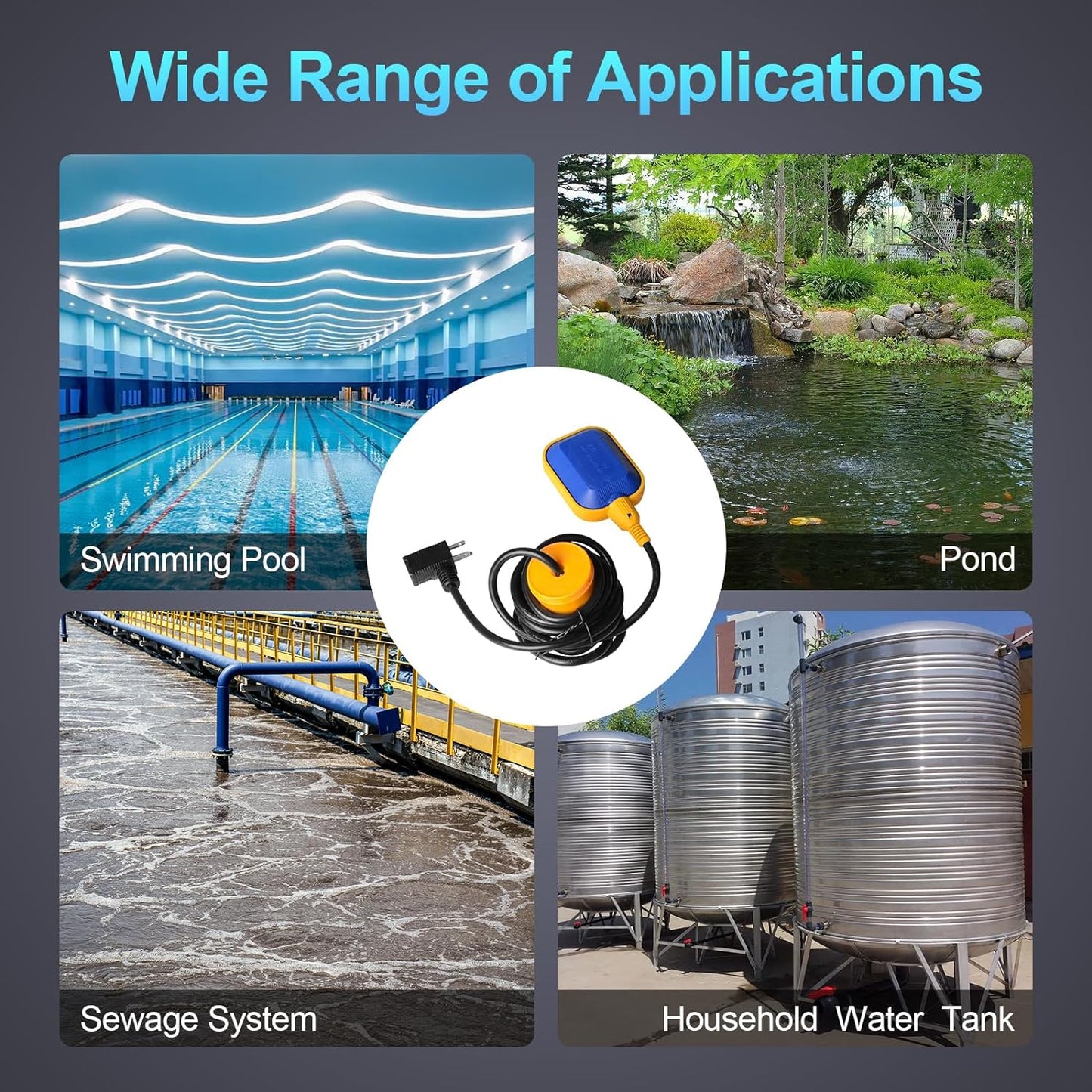 (With Counterweight) Sump Pump Universal Tethered Float Switch AC 15A 110~250V Piggyback Style Plug with 10 Feet Cord, Used in Sewage Pump, Water Tank, Septic Tank Pump, etc.