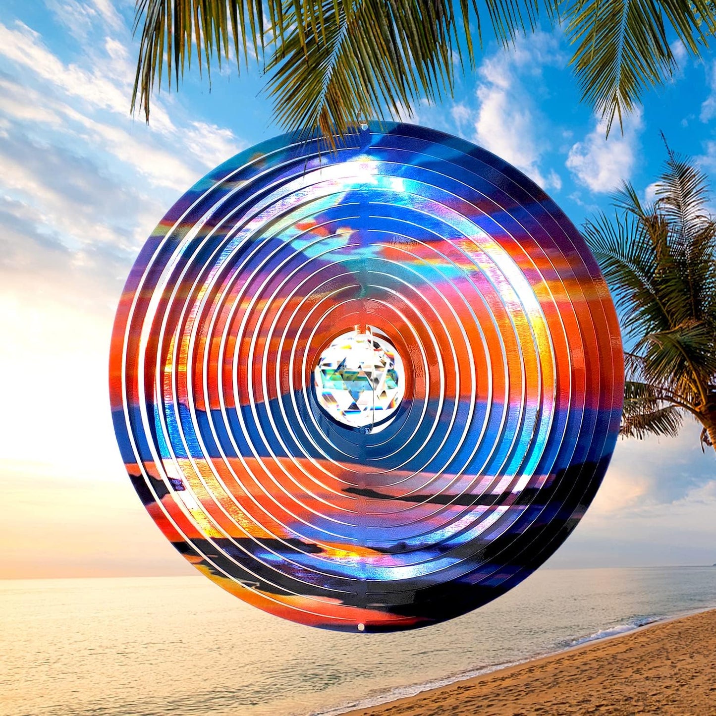 FONMY Mandala Wind Spinner w/Crystal Ball-Rosy Down 3D Stainless Steel Hanging Spinners Worth Gift Christmas Decoration Indoor/Outdoor Garden Décor Kinetic Yard Art 12 Inches Wind Sculpture