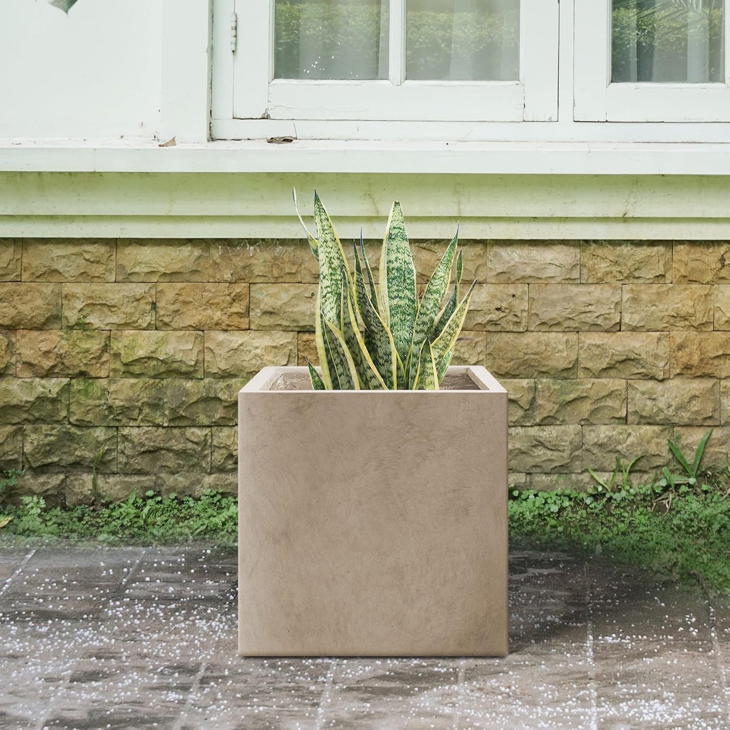 Kante 10 Inch Square Concrete Planter for Outdoor Indoor Home Patio Garden, Large Plant Pot with Drainage Hole and Rubber Plug, Weathered Concrete