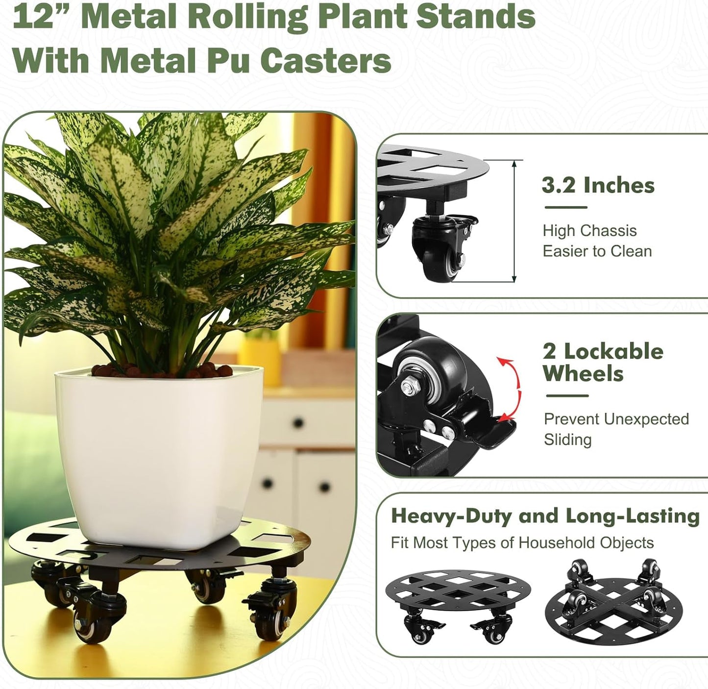 2 Packs 12 inches Large Metal Plant Caddy with Wheels Heavy-Duty Round Plant Stands with Casters Indoor Outdoor Flower Pot Mover Roller Base Garden Dolly Coasters Black, Strong Load Capacity