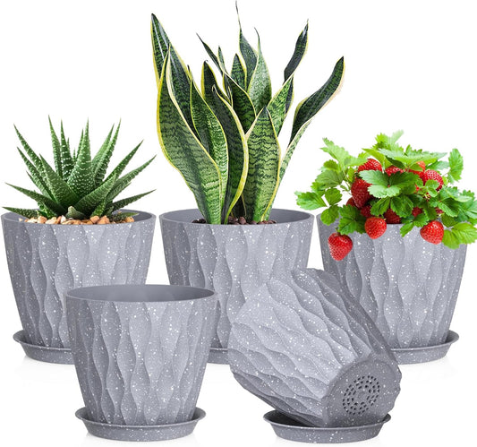 7 inch Plant Pots for Indoor Outdoor Plants, 5 Pack Thick Flower Pots with Drainage Holes and Saucers, 3D Modern Wave Texture Plastic Planter Nursery Pots, Speckled Grey