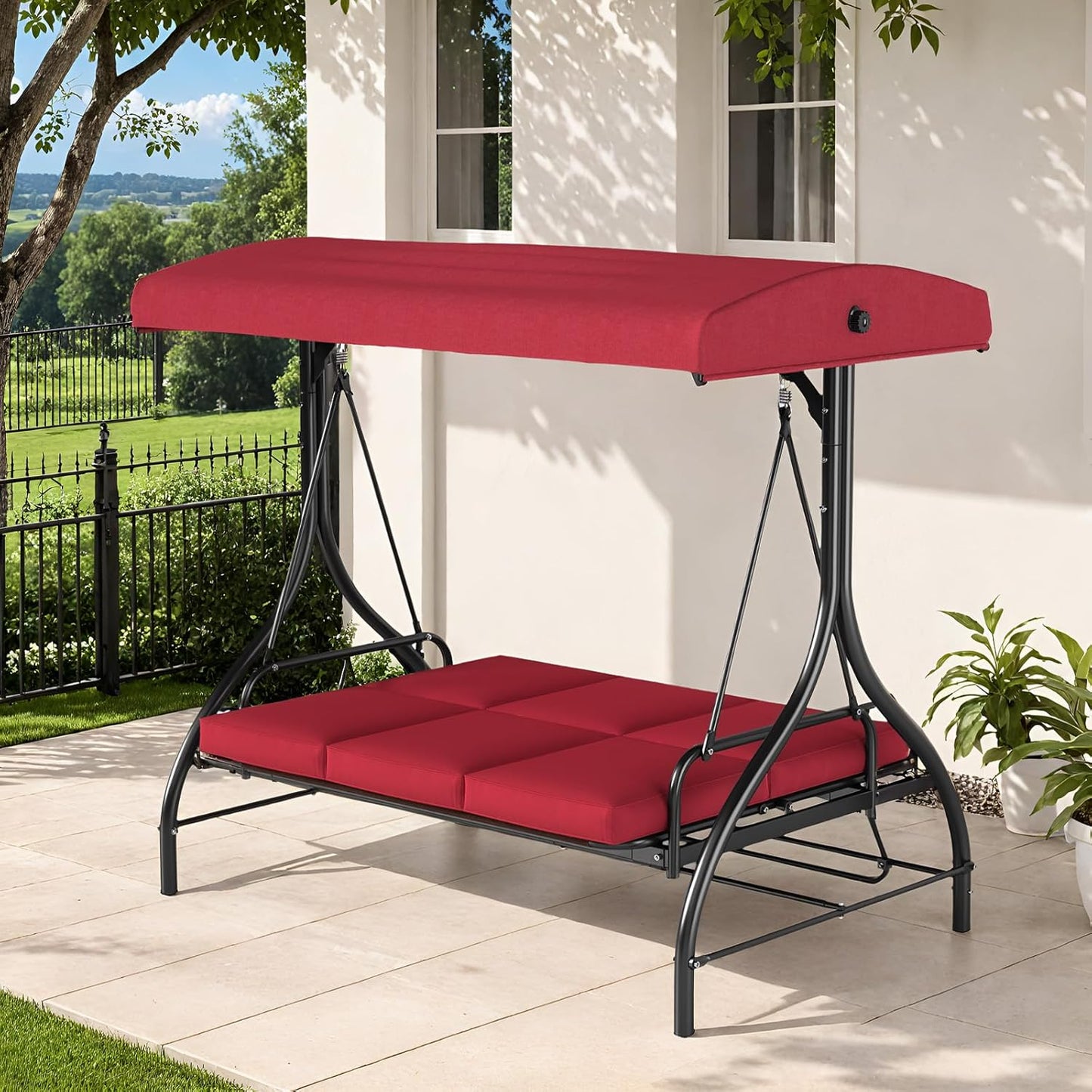 TLSUNNY 3-Seat Outdoor Patio Porch Swing with Adjustable Canopy & Backrest, Convertible Glider Bed with Stand, Removable Seat Cushion, 45° Tilt Adjustment for Backyard, Poolside, Balcony - 750LBS