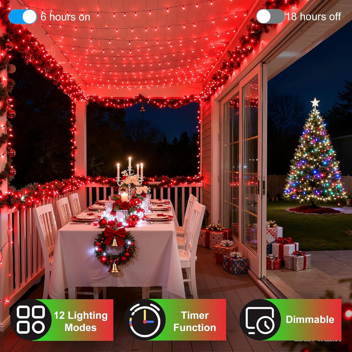 350LED Christmas Lights Indoor Outdoor, 90ft 12 Modes Red LED String Lights with Timer Dimmable, Waterproof Christmas Tree Lights for Xmas Patio Bedroom Yard Fence Balcony Garden Party Decor Red