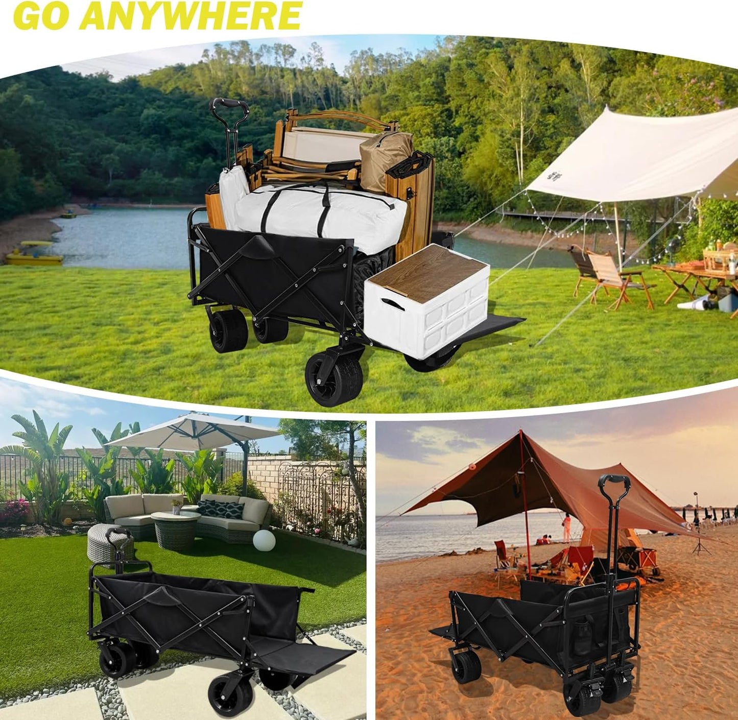 Collapsible Folding Wagon with Tailgate, Extra Long Extender Cart, Large Capacity Folding Garden Wagon, Heavy Duty Utility Carts for Shopping, Beach, Garden, Sports, Outdoor