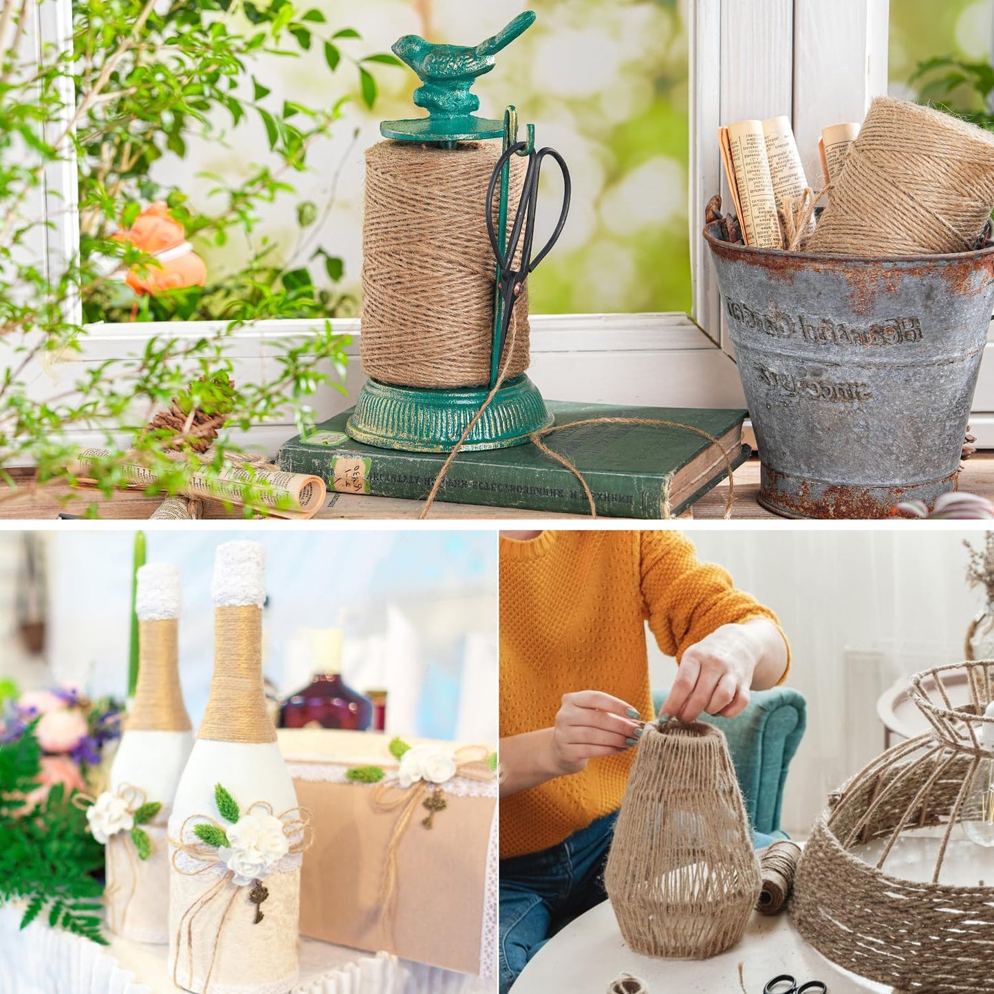 Sungmor Cast Iron Garden Twine Holder Set - 1300ft. Natural Jute Twine String & Rope Rack & Scissors - Decorative & Practical Home Arts Crafts Tools for Picture Display Gift Wrapping Packing Gardening