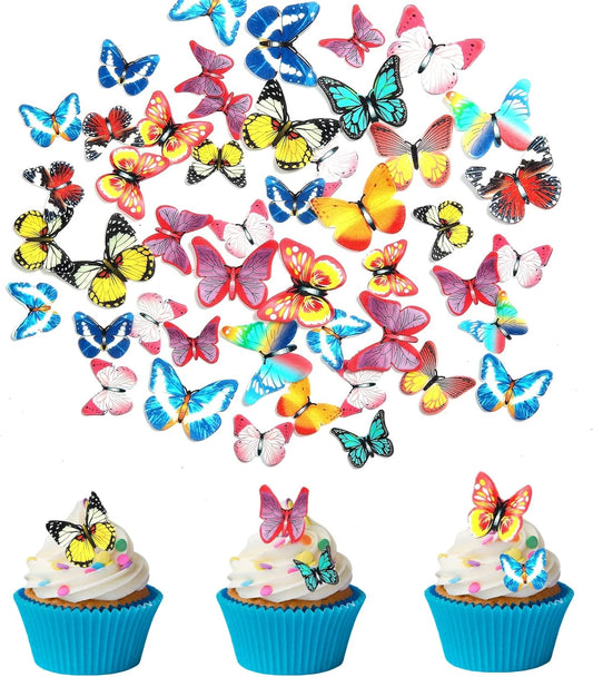 48Pcs Edible Cake Butterfly Decoration Cake Toppers Birthday Party Cupcake Toppers Mixed Size & Colour