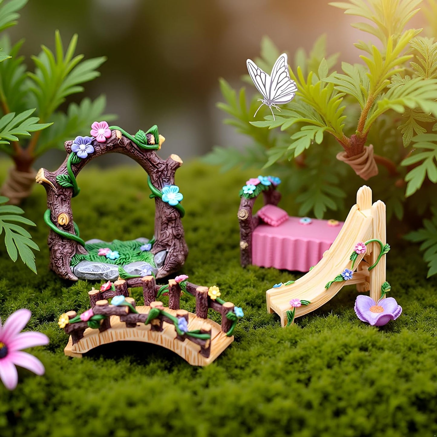 Kai Dream Miniature Fairy Garden Accessories Set, 4 Piece Resin Decorative Landscape Kit with Arch, Bridge, Bed and Slide, Floral Garden Ornaments
