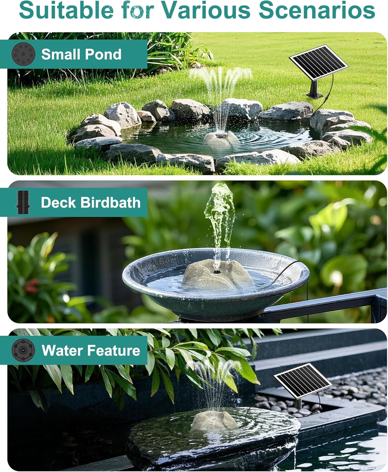 Solar Fountain for Bird Bath with Dry Run Protection Solar Powered Bird Bath Pump with 10 Nozzles,Resin Granite Rock Bird Fountain for Outdoor Water Features,Ponds,Can Cloudy Day Use（White）