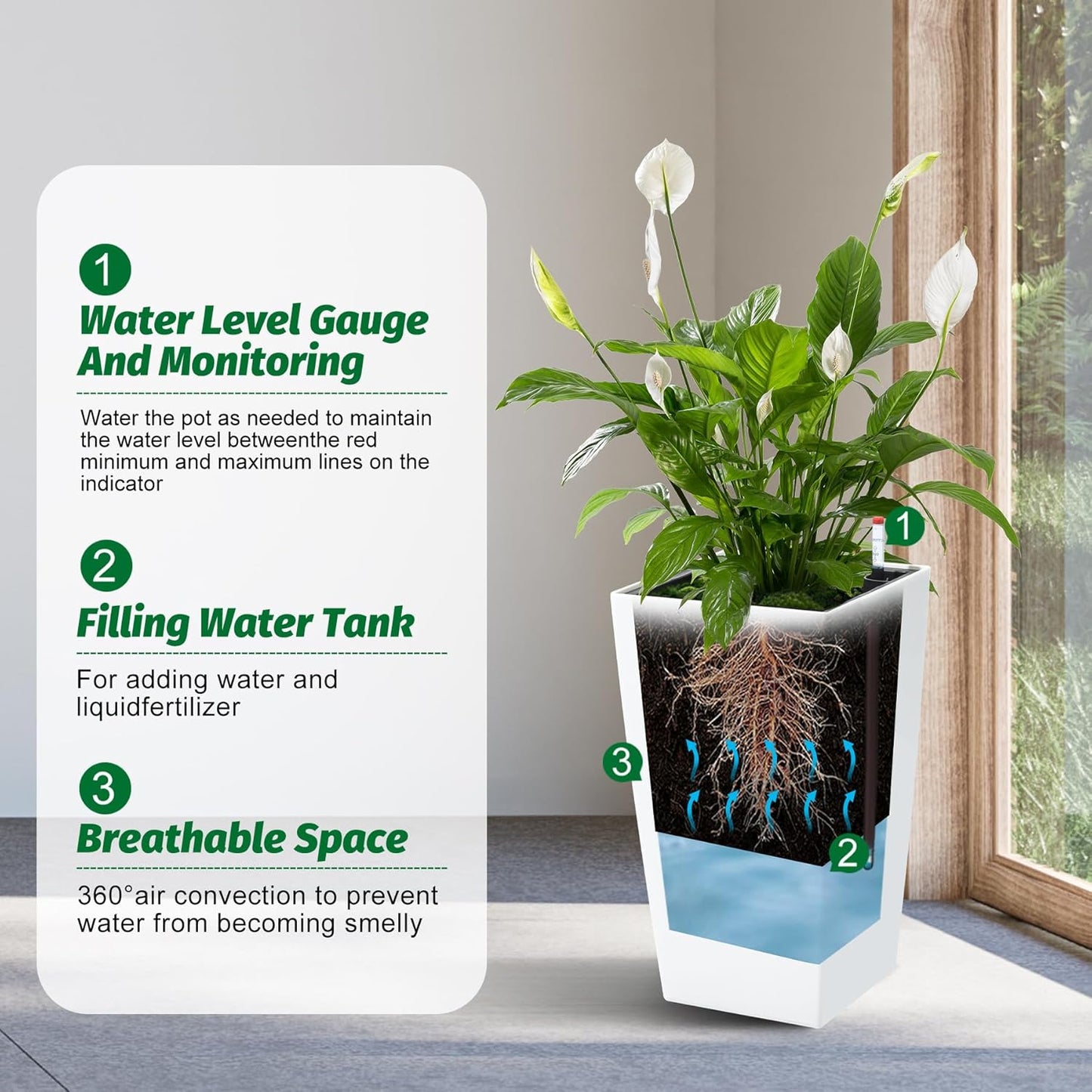 16" Tall Planters Set of 2, Outdoor＆Indoor Black Planter Pots, High Front Porch Planter Pots with Drainage Holes＆Water Level Monitor＆Inner Bucket, Automatic Watering,White