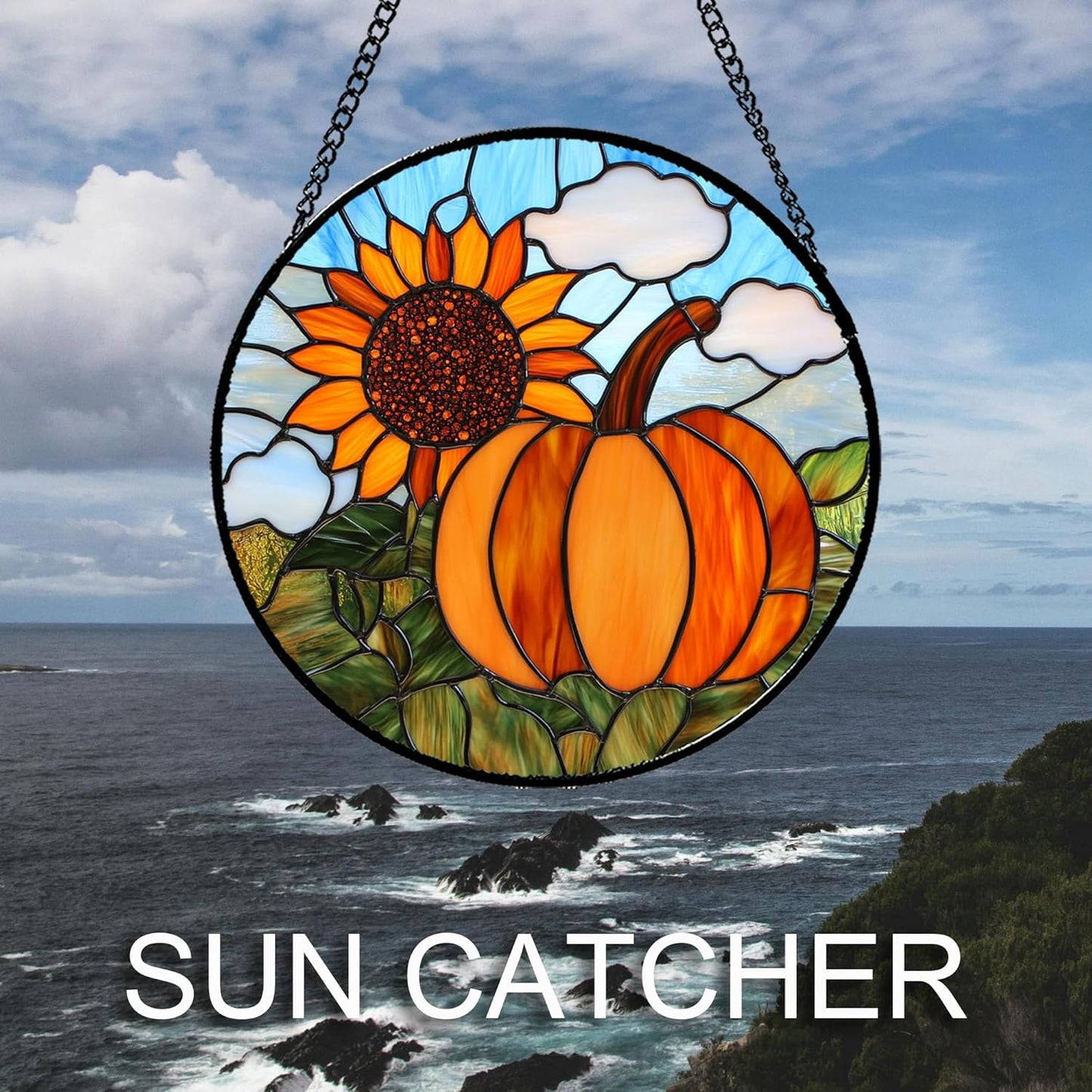 Stained Glass Window Hanging Fall Farm Scenery Sunflower Pumpkin 7.8" - Suncatcher Door Garden Kitchen Sunroom Sun Catcher Home Decor Birthday for Mom Grandma Men Woman