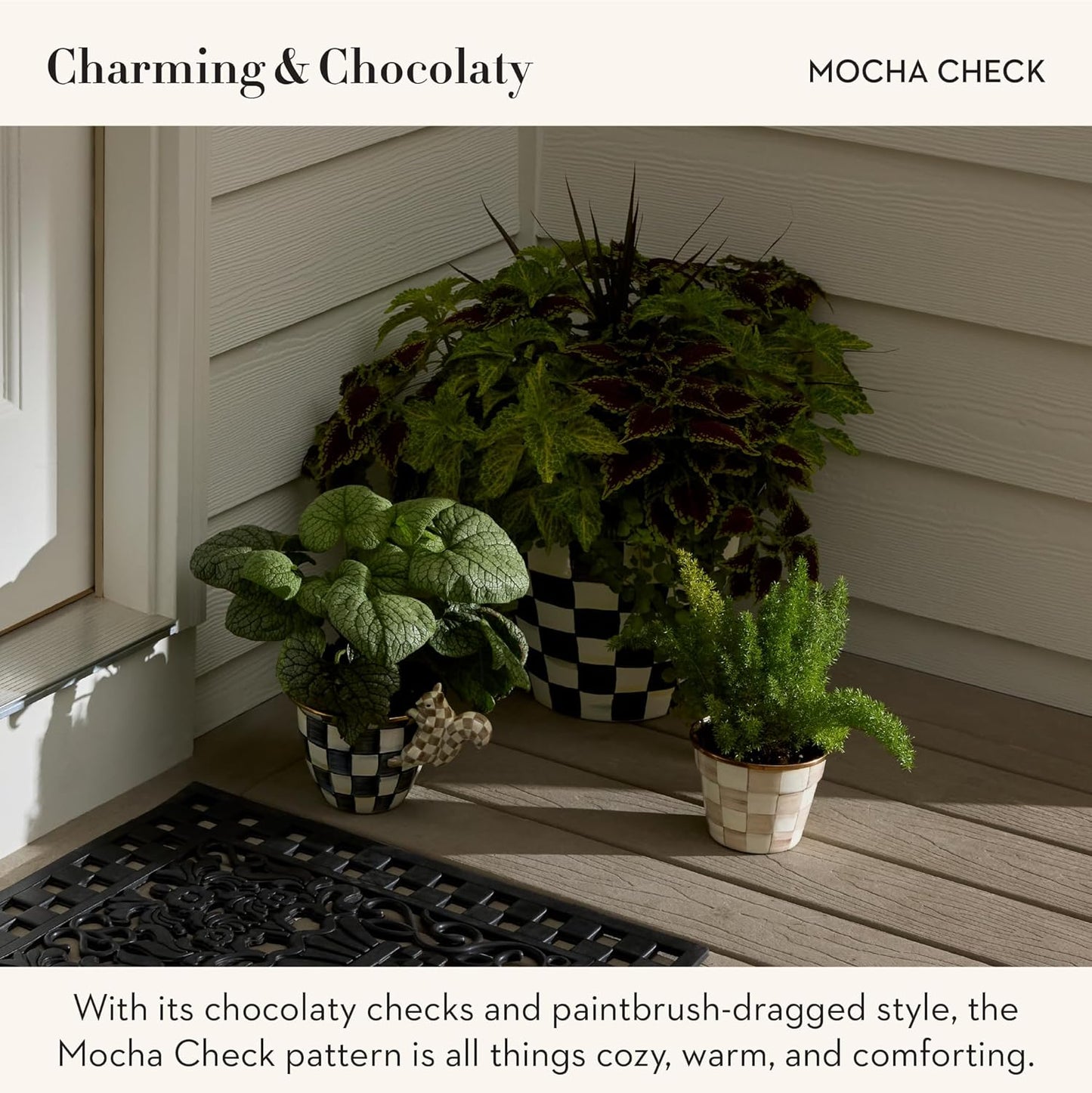 MACKENZIE-CHILDS Pot Climber, Outdoor Planter Hanging Decor, Brown-and-White Mocha Check Squirrel