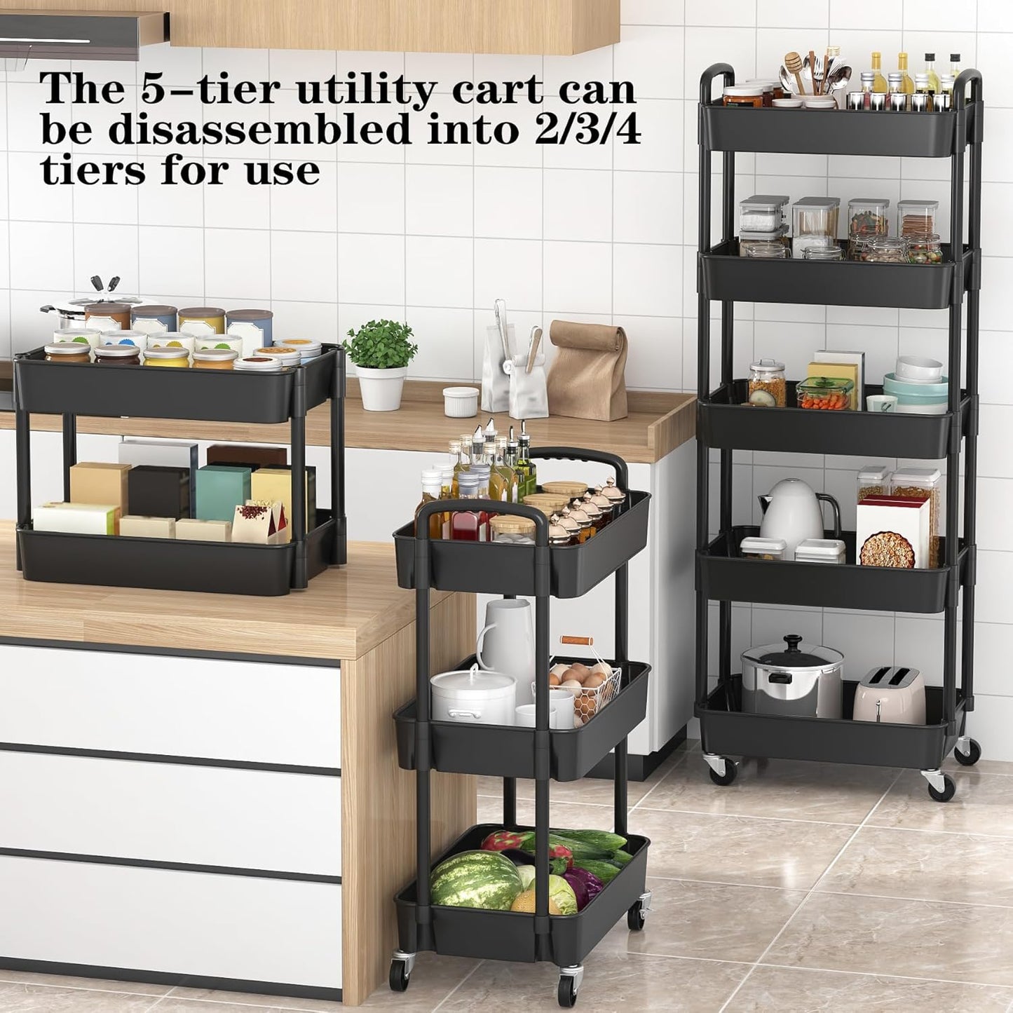 Sywhitta 5-Tier Plastic Rolling Utility Cart with Handle, Multi-Functional Storage Trolley for Office, Living Room, Kitchen, Movable Storage Organizer with Wheels, Black