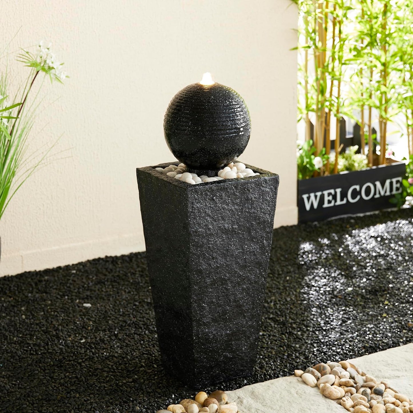 Glitzhome Outdoor Water Fountain with LED Light, Decorative Black Pedestal Water Fountains with Submersible Pump, Modern Sphere Floor Fountain with Pebbles for Garden Patio Decor Porch, 31.75”H