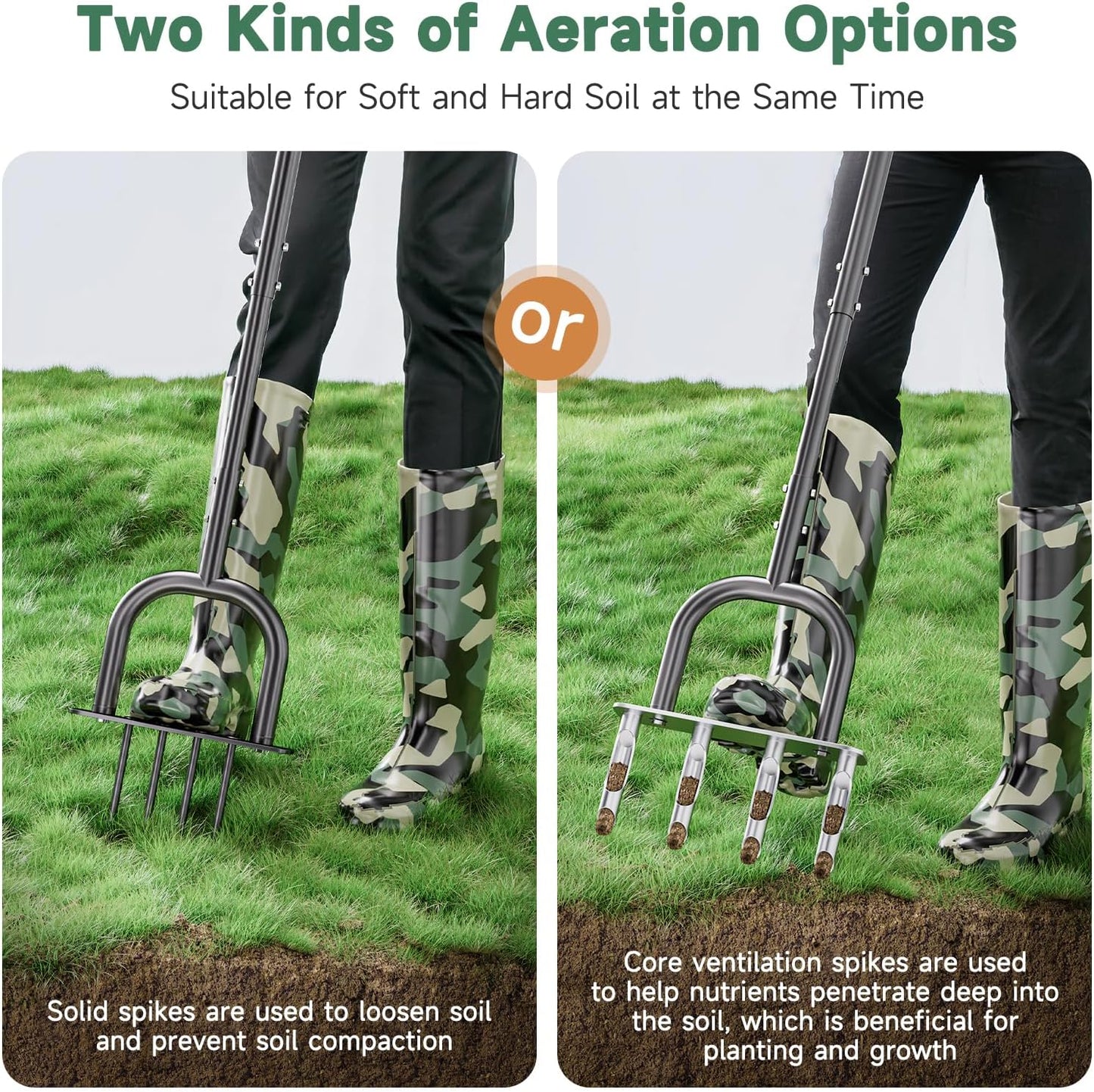 2-in-1 Lawn Aerator, Core Aerator Lawn Tool, Lawn Spike Aerator, Hand Aerator Lawn Tool with Replaceable Hollow and Solid Tines, Garden Tool Solve Soil Compaction for Garden Grass and Yard