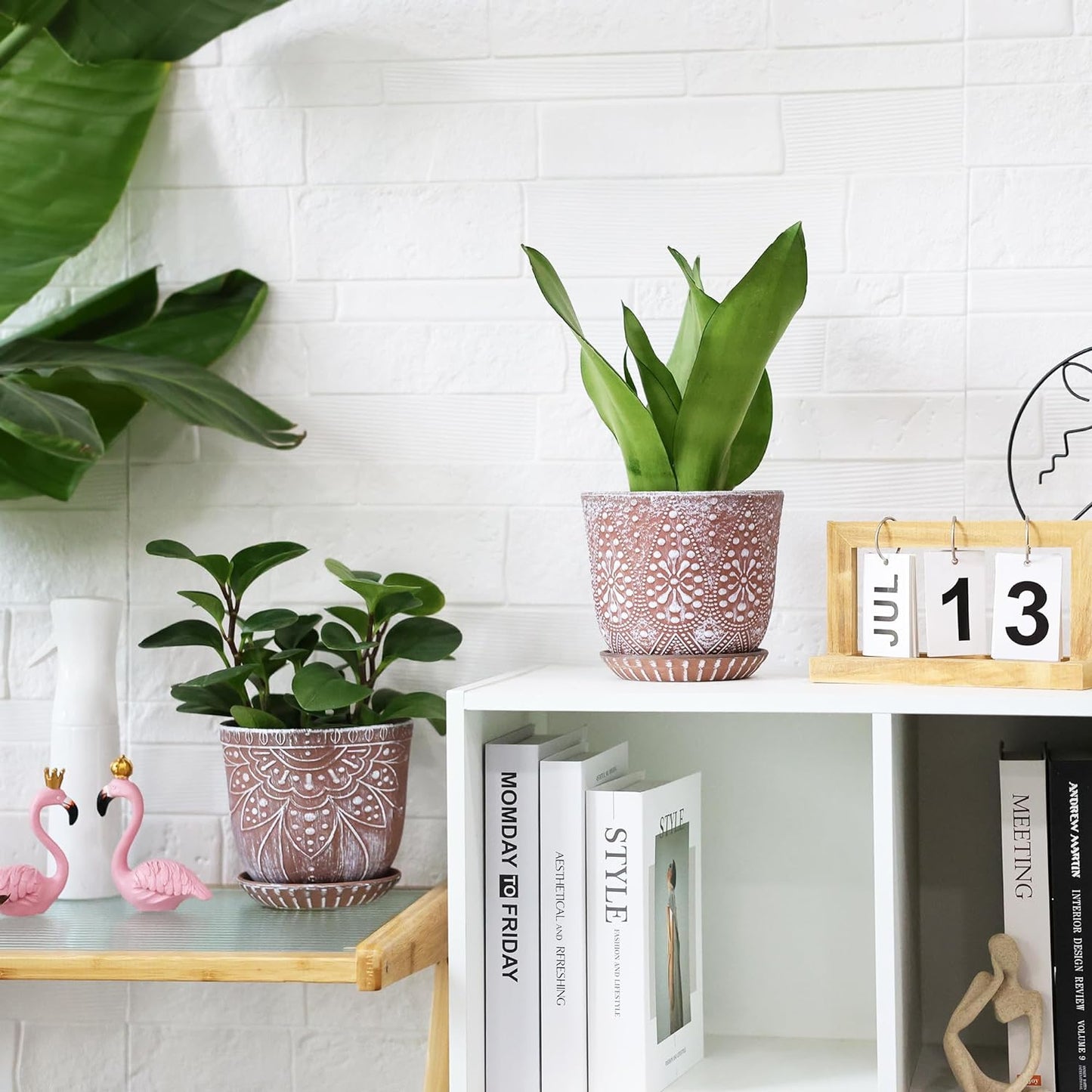 Gepege 6 Inch Beaded Ceramic Planter Set of 2 with Drainage Hole and Saucer for Plants, Indoor-Outdoor Large Round Succulent Orchid Flower Pot