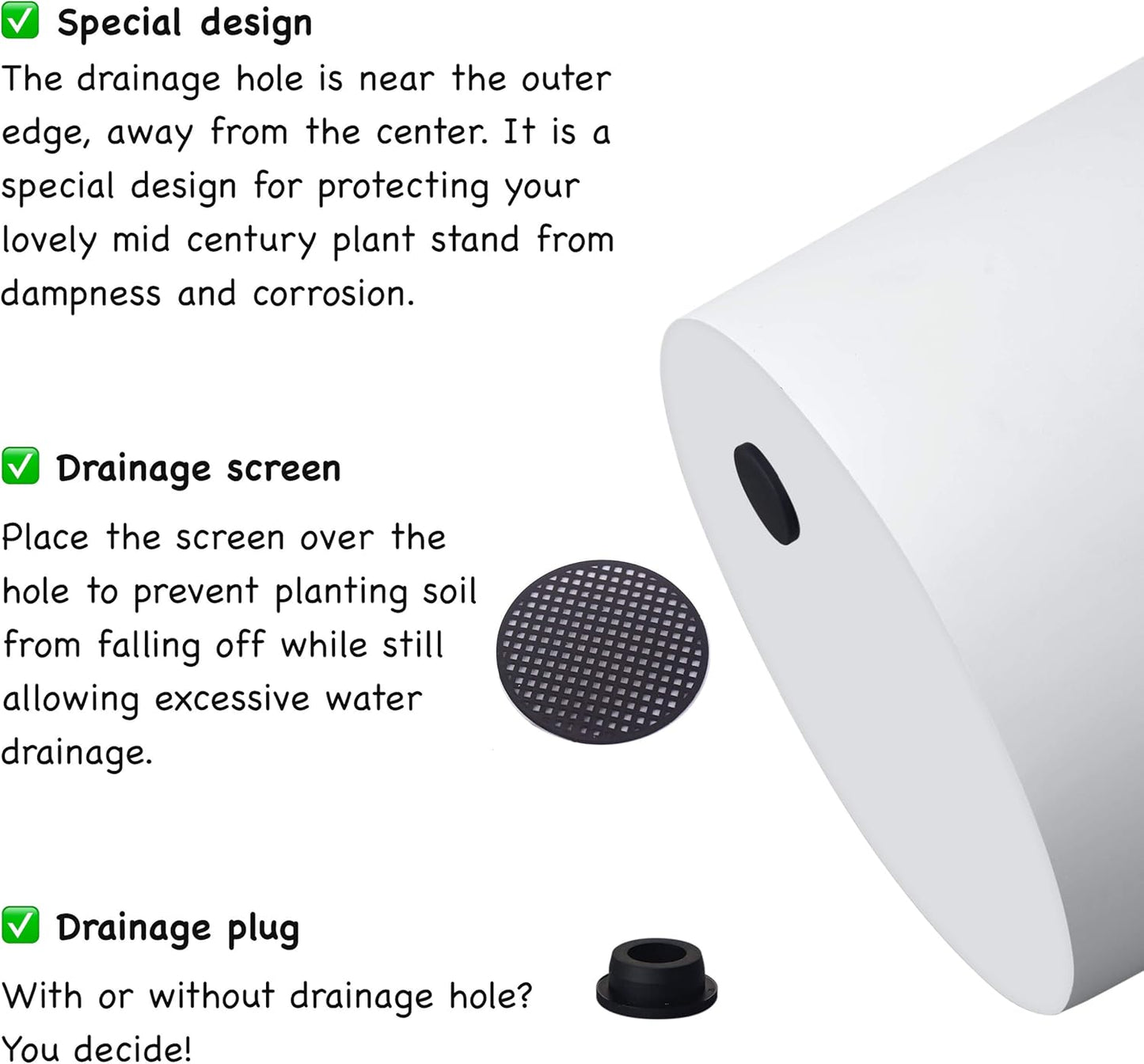 FaithLand Plant Pot 12 inch - Perfectly Fits Mid-Century Modern Plant Stand - Drainage Plug and Drainage Mesh Screen - Matte White