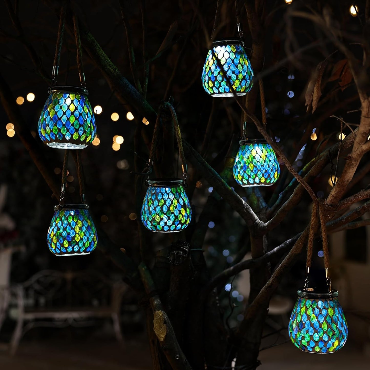 Cooo 4 Pack Mosaic Solar Lantern Outdoor Waterproof IP68 Hanging Projection Light Hidden Lid Pear-Shaped Lantern with Rope Handle Solar Powered Auto On for Patio Garden Fence Table - Azure Lattice
