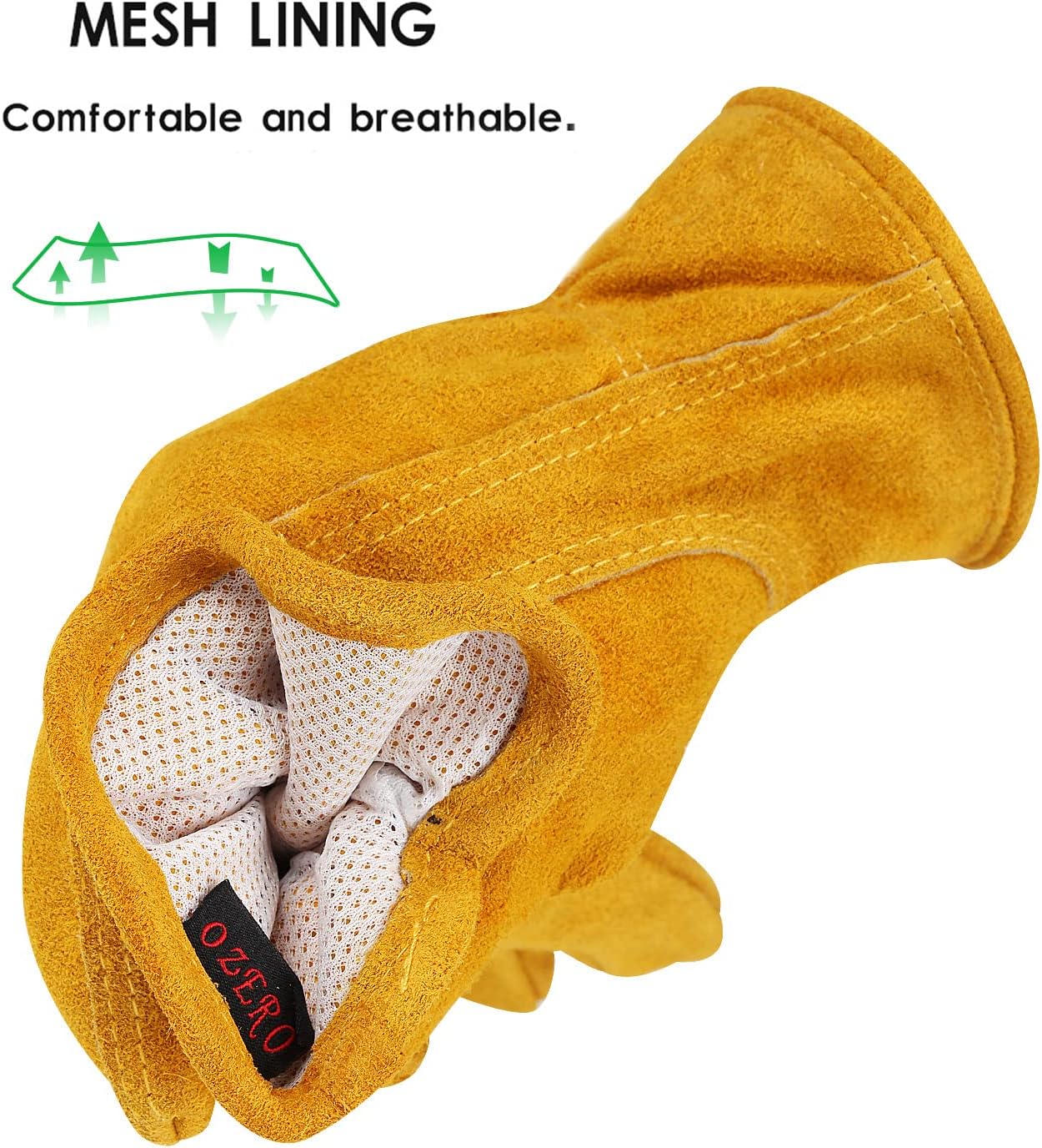 OZERO Leather Work Gloves Flex Grip Tough Cowhide Gardening Glove for Men and Women (Medium, Gold With Mesh Linning)