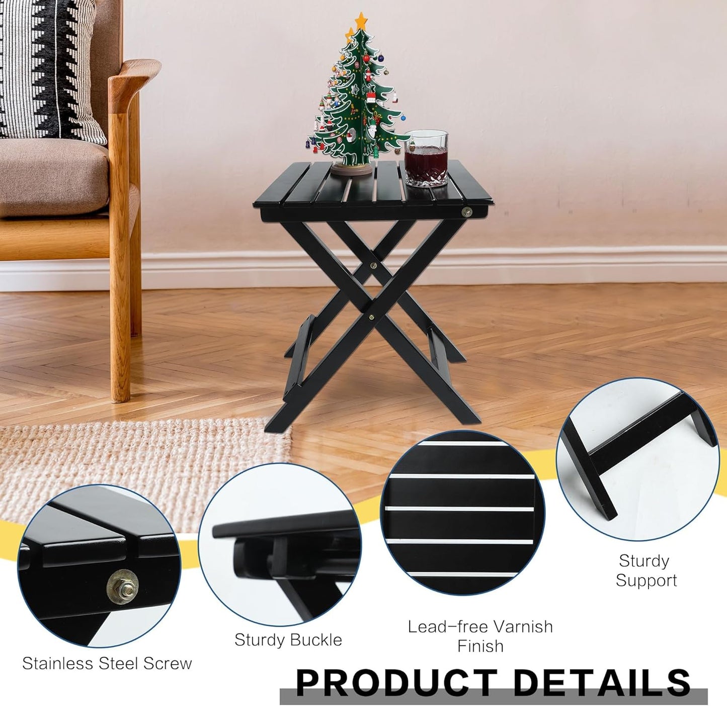 Small Wood End Square Table Outdoor Patio Side Folding Table Coffee Furniture for Living Room, Bedroom, Plant Stand, Camping Portable Black