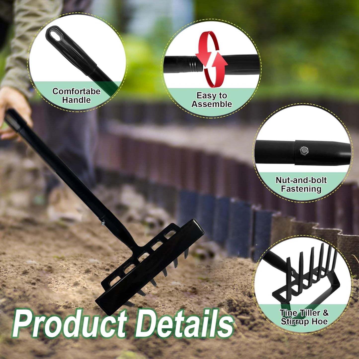 6-Tines Rake and Stirrup Hoe, Metal Garden Hula Hoes Tiller Rake Tool with Adjustable Long Handle, Action Scuffle Loop Hoe for Weeding, Digging, Loosening Soil