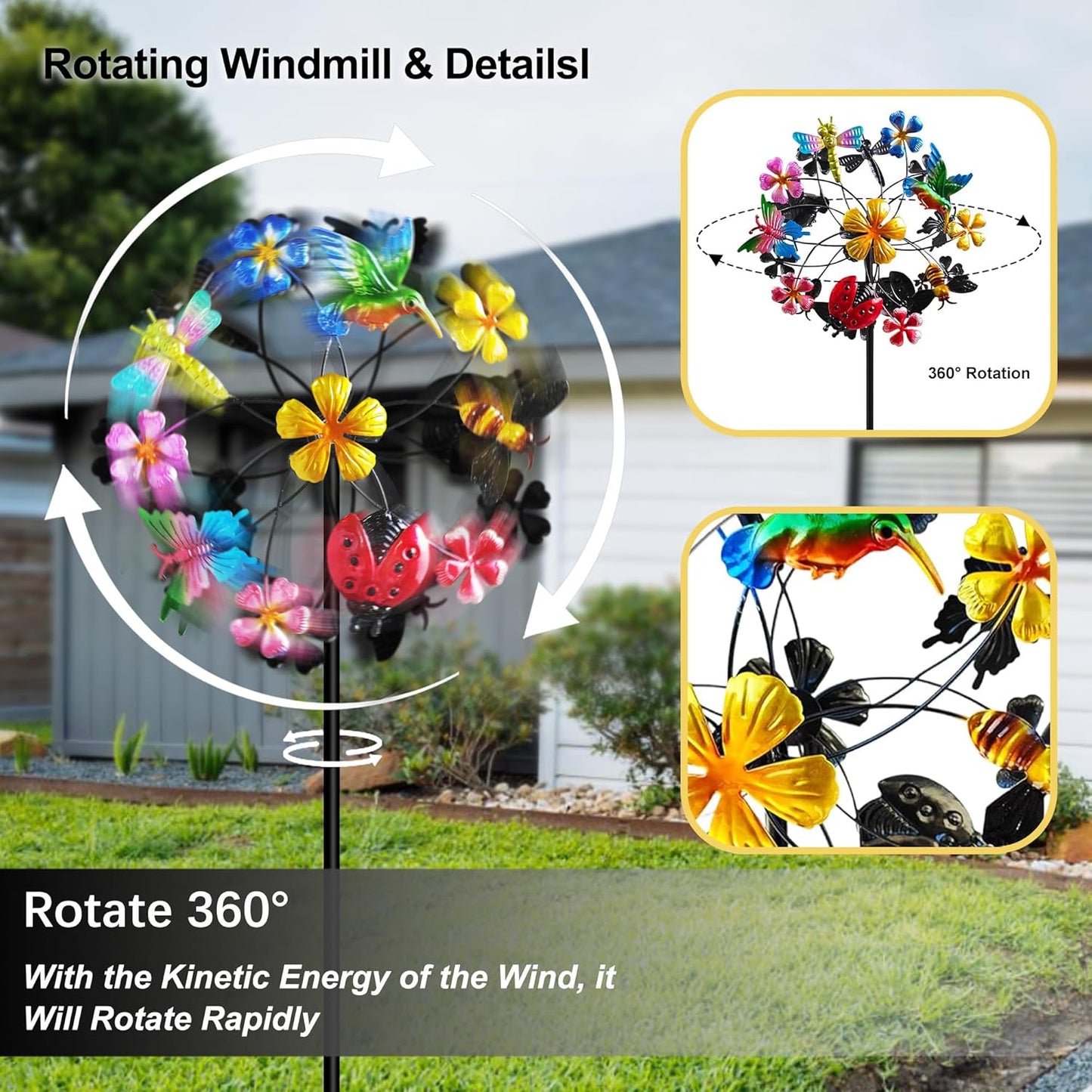 Flower Wind Spinners Outdoor, Metal Windmill with Hummingbirds, Butterflies and Bees, Pinwheels for Yard and Garden