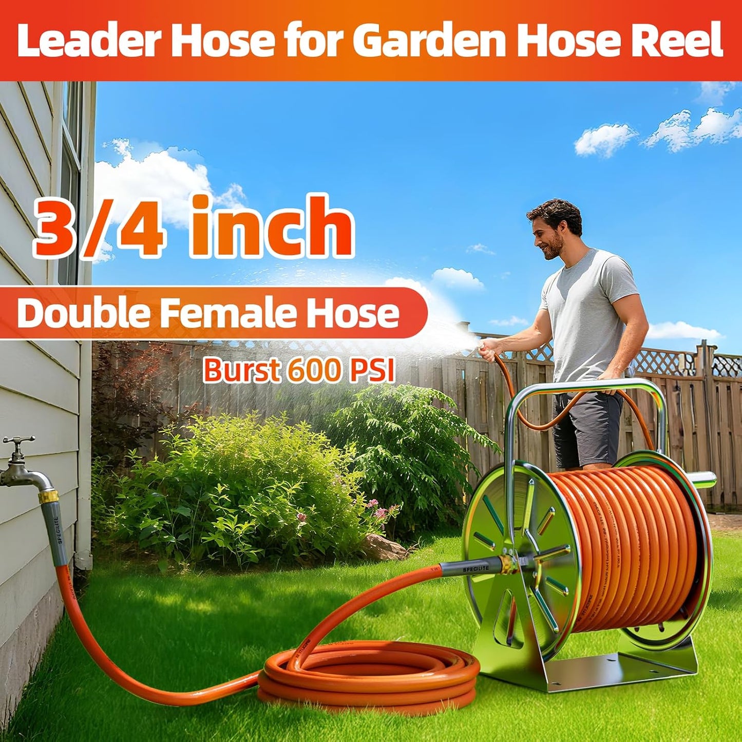 Garden Water Hose 15 ft x 3/4 in with Female to Female Connector, Small Leader Hose for Hose Reel, Heavy Duty, Flexible & Lightweight, Water Pipe, Outdoor Water Hose Extension Adapter