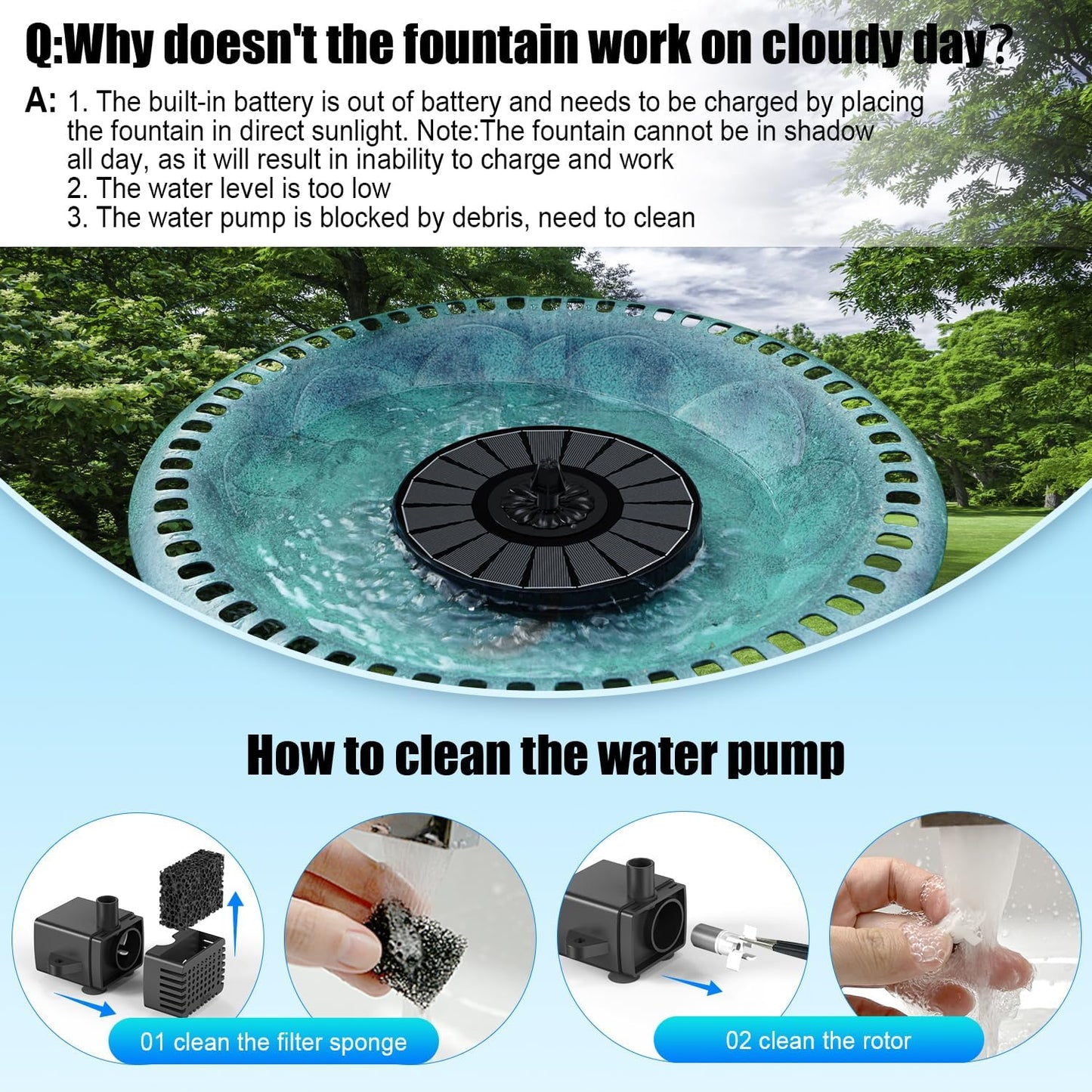 SZMP Solar Fountain Work On Cloudy Day,Solar Water Bird Bath Fountain with Faster Conversion Glass Solar Panel and Power Indicator Light,Built-in 2000mAh Battery