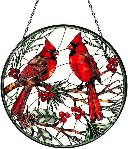 Cardinal Sun Catcher Stained Glass Window Hanging Cardinal Decor Lovers Gifts for Women Handmade Sun Catcher Decoration for Garden Home Housewarming Gifts