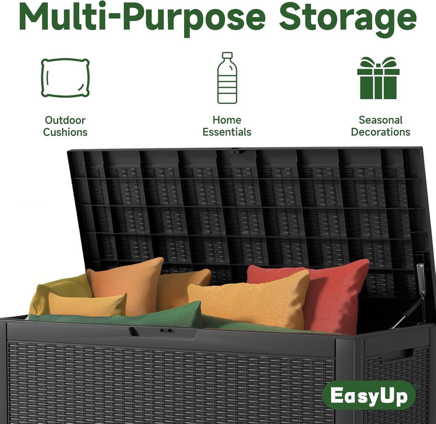 100 Gallon Outdoor Storage Box Waterproof, UV Resistant Resin Deck Box with Hydraulic Rod, Reinforced Stability for Patio, Garden, Quad Leaf Black