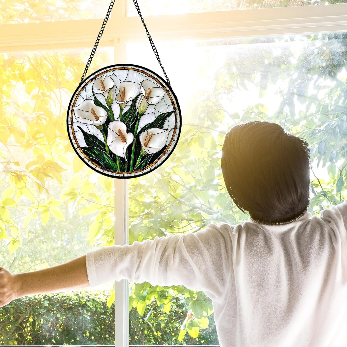 Stained Glass Window Hanging, White Calla Lily Flowers Sun Catchers Glass Panel Plant Suncatcher Decor for Birthday for Women, Men, Wife, Aunt, and Mom 6.3 in