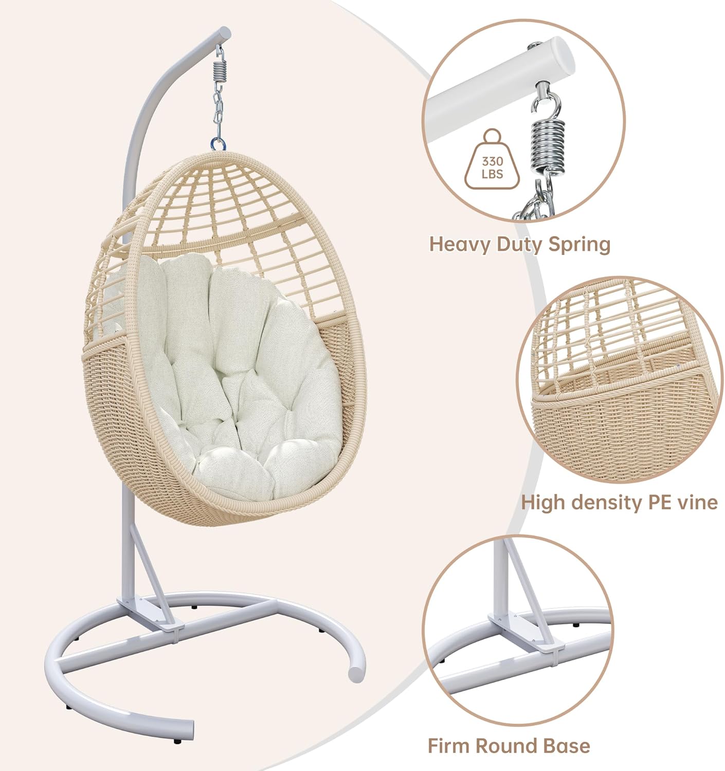 TWT Egg Swing Chair with Stand Hanging Egg Chair Outdoor - Rattan Wicker Patio Hanging Basket Chair Hammock Chair with Metal Frame and UV Resistant Cushion for Indoor Bedroom Balcony (Beige)