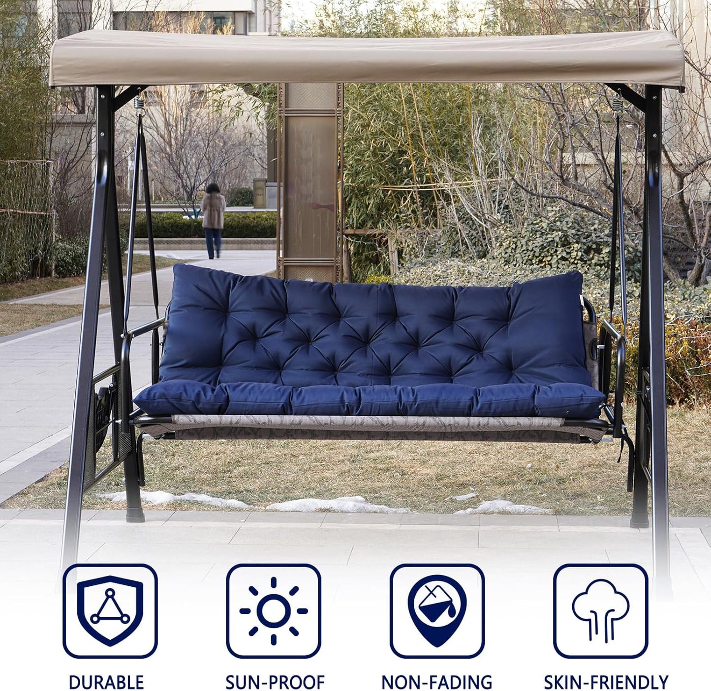 Outdoor Swing Cushions,Waterproof Swing Cushions 3 Seater Replacement with Backrest,Outdoor Thickened Bench Cushion with Ties for Porch,Patio,Backyard,Garden (Navy Blue 60 * 40 in)