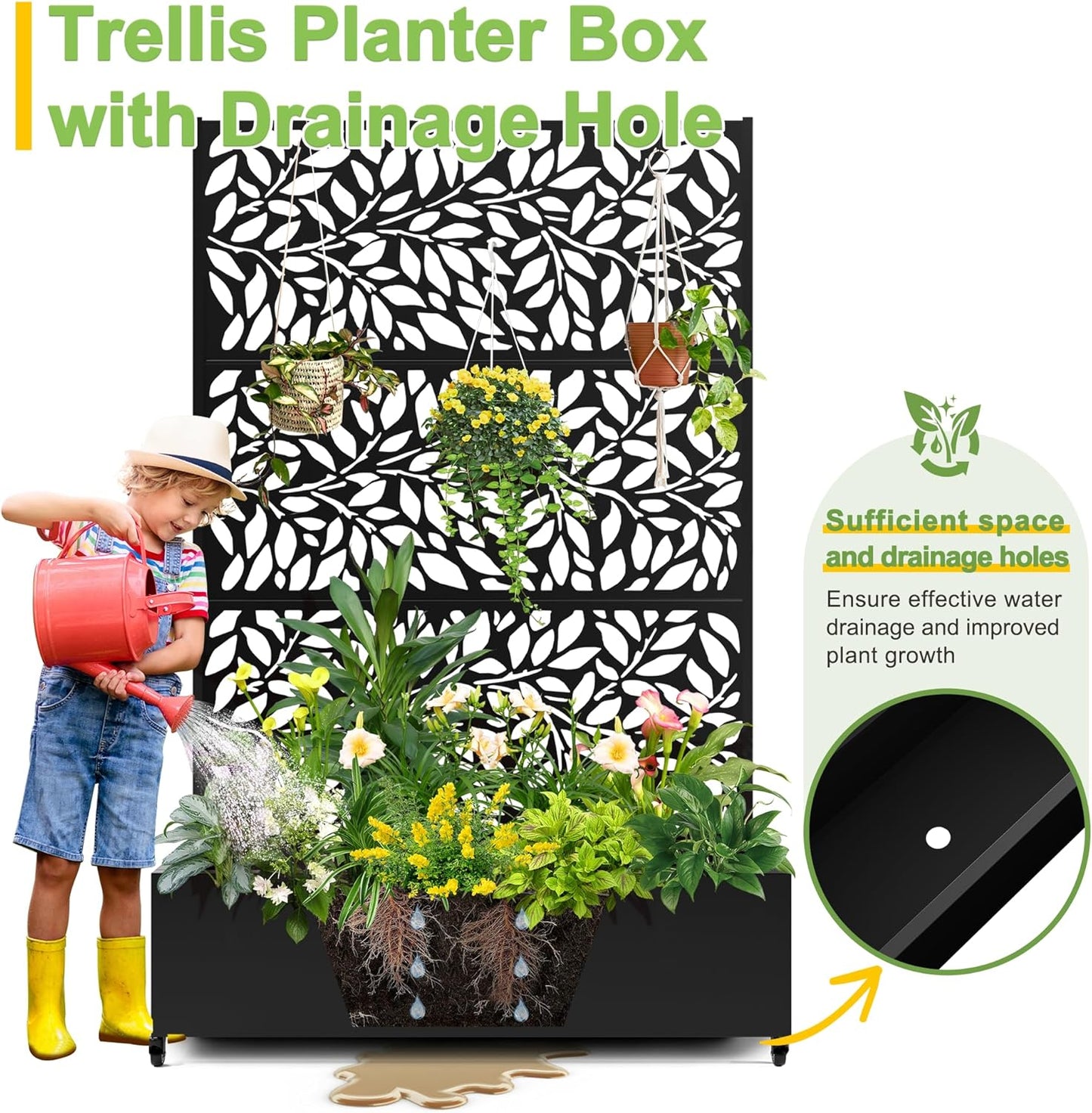 FENCY Metal Raised Garden Bed with Wheels and Trellis,73"x47"x16" Planter Box for Climbing Plants, Vegetables & Vines, Features Privacy Screen and Drainage Holes (Black-Leaf-2)