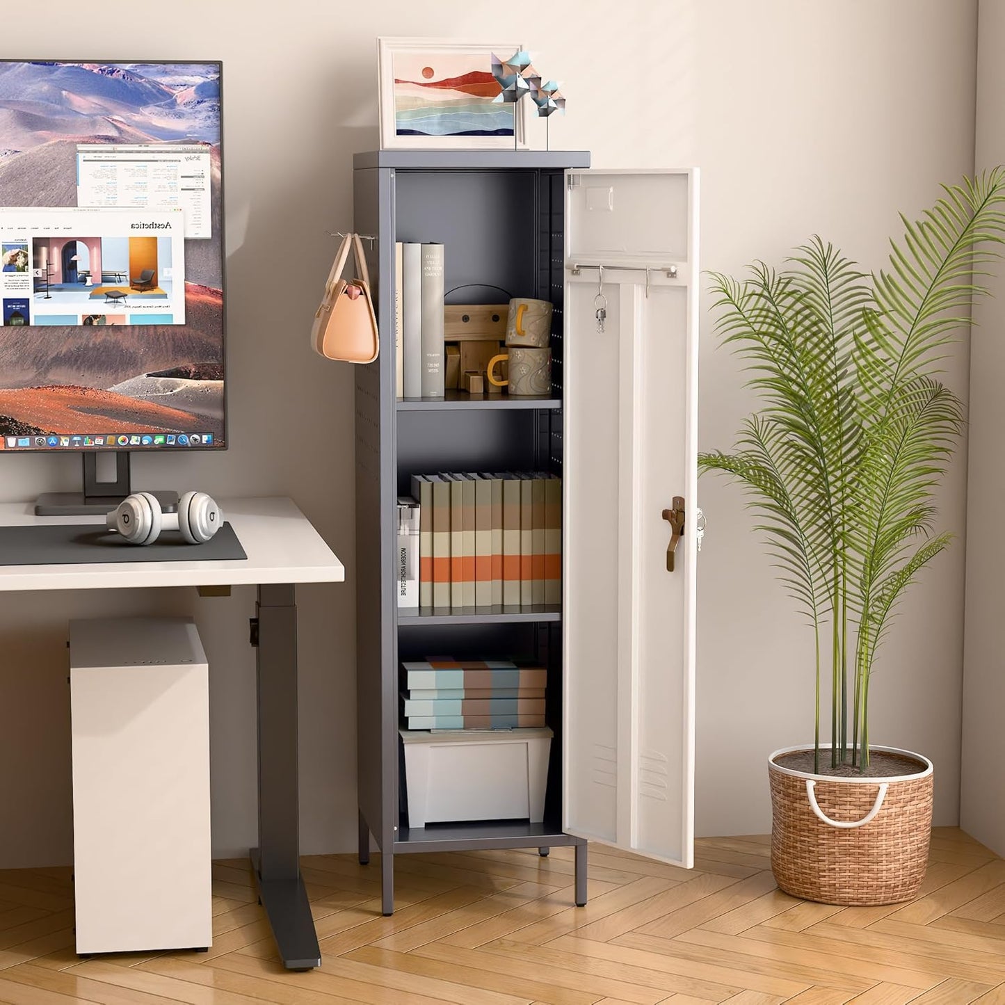 METAN Metal Storage Lockers with Handle Lock and 2 Adjustable Shelves,Office Storage Locker with Pegboards and Hooks,Assembly Required,Grey White